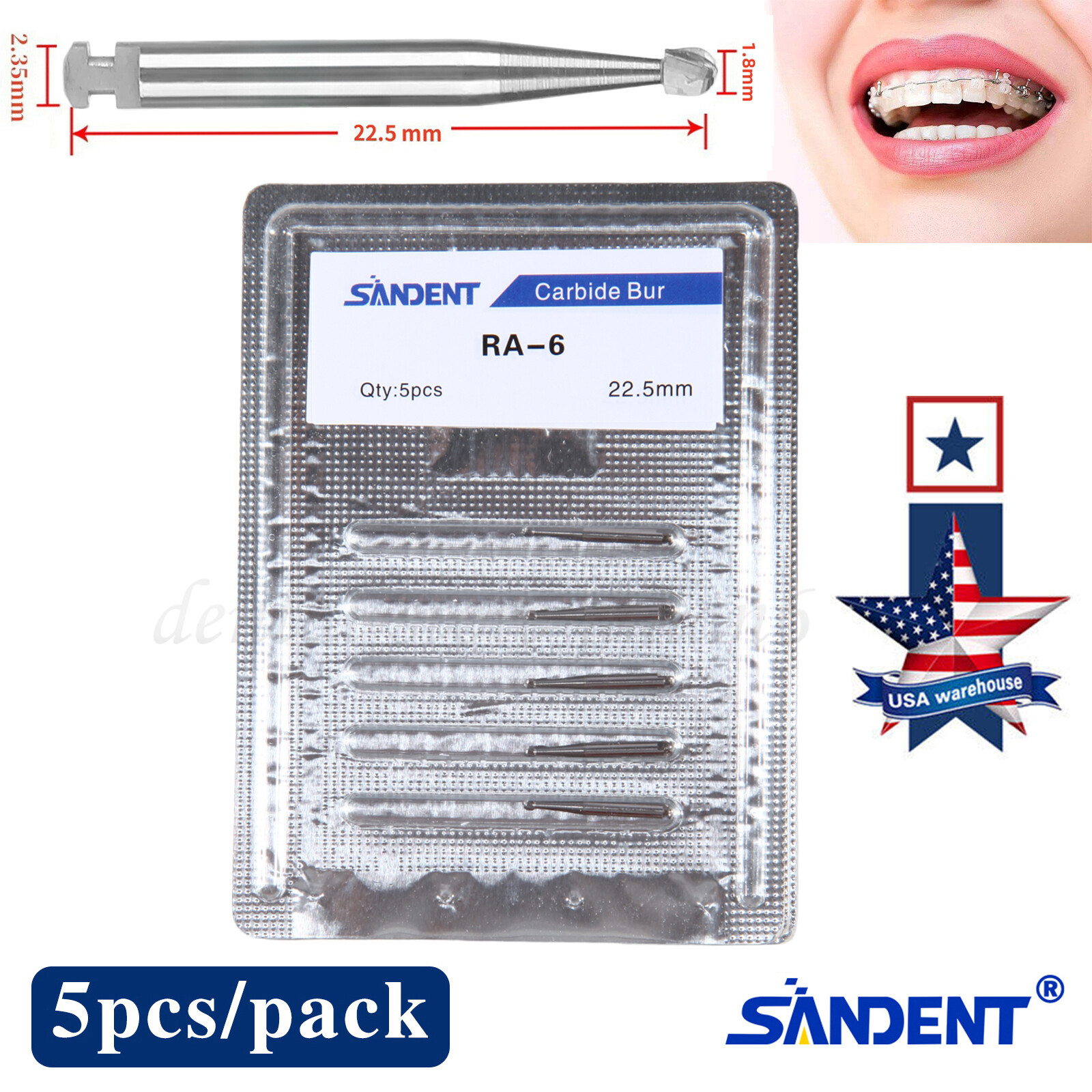 5 Pcs/Pack Dental 22.5mm Round Carbide Bur Slow Speed Latch Type RA4 Burs USA