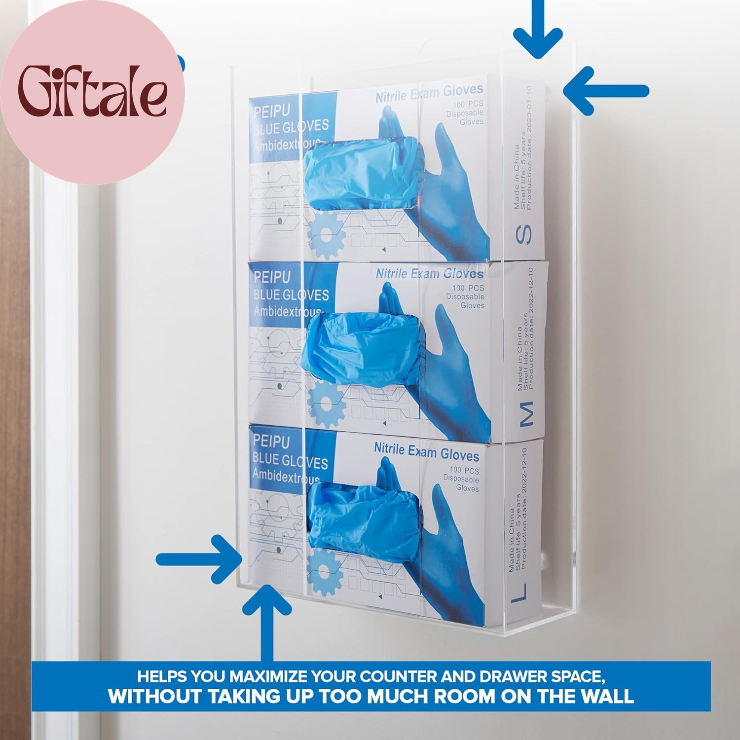 Triple Acrylic Gloves Dispenser, Tissue Box Shelf, Glove Holder Wall Mount, for