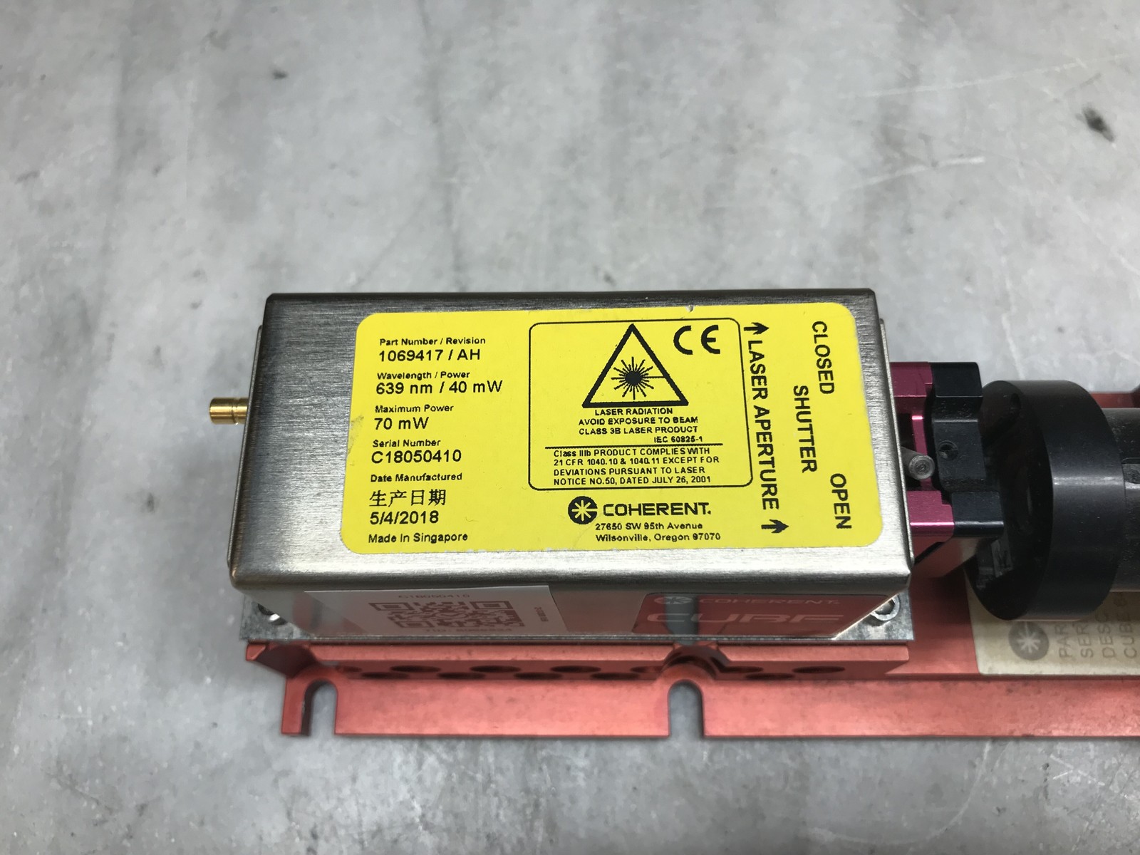 Coherent Cube 1069417 / AH 2018 mfg 639nm 40mW Max 70mW 12.9k Hours *READ*