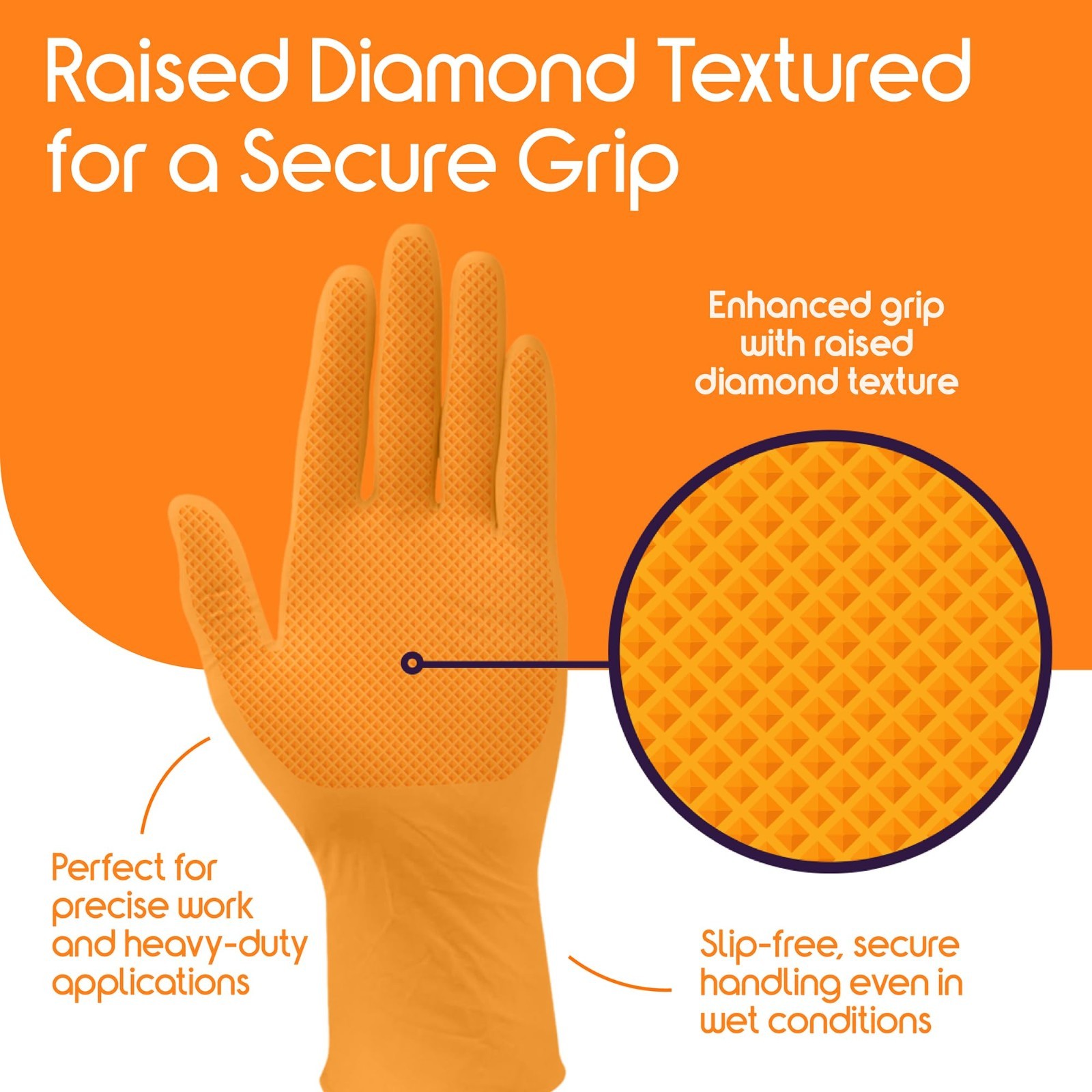 Heavy Duty Orange Nitrile Gloves | 8 Mil Diamond Textured Grip | Industrial Mech