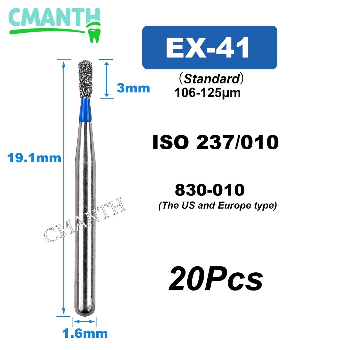 US EX Type Dental Diamond Burs FG High Speed Polishing Burs Dentist Tools 20Pcs