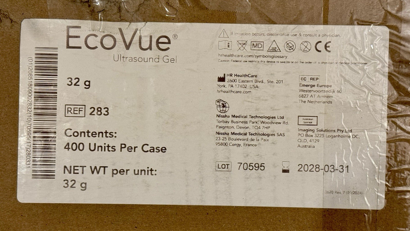 EvoVue Ultrasound Gel Ref 283 – 4 Boxes 100 Ct Each 32g (400 Total) – Exp 2028