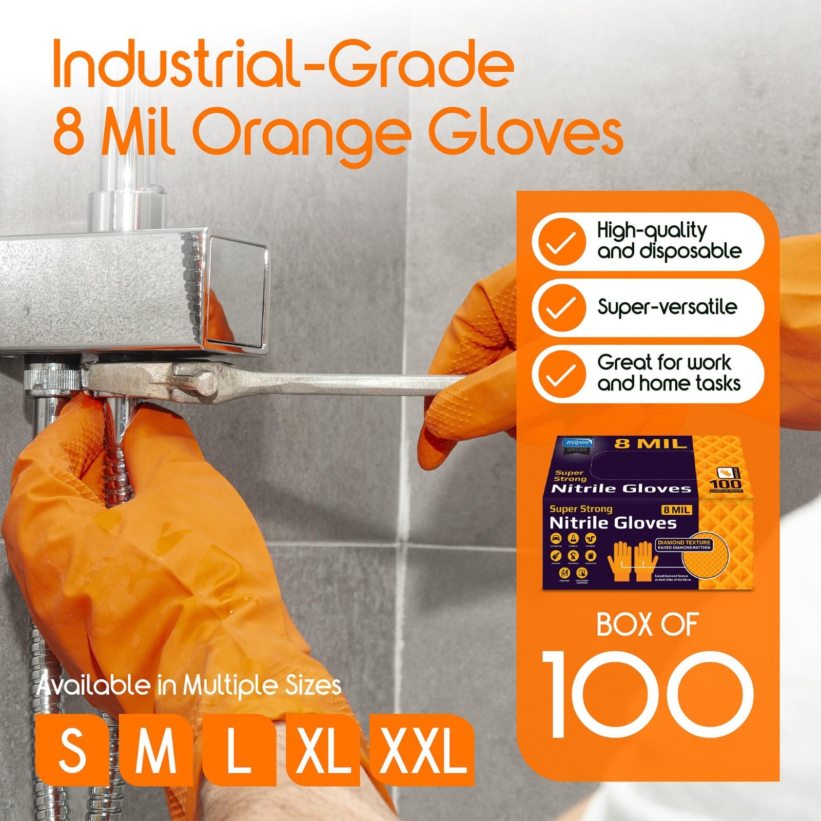 Heavy Duty Orange Nitrile Gloves | 8 Mil Diamond Textured Grip | Industrial Mech