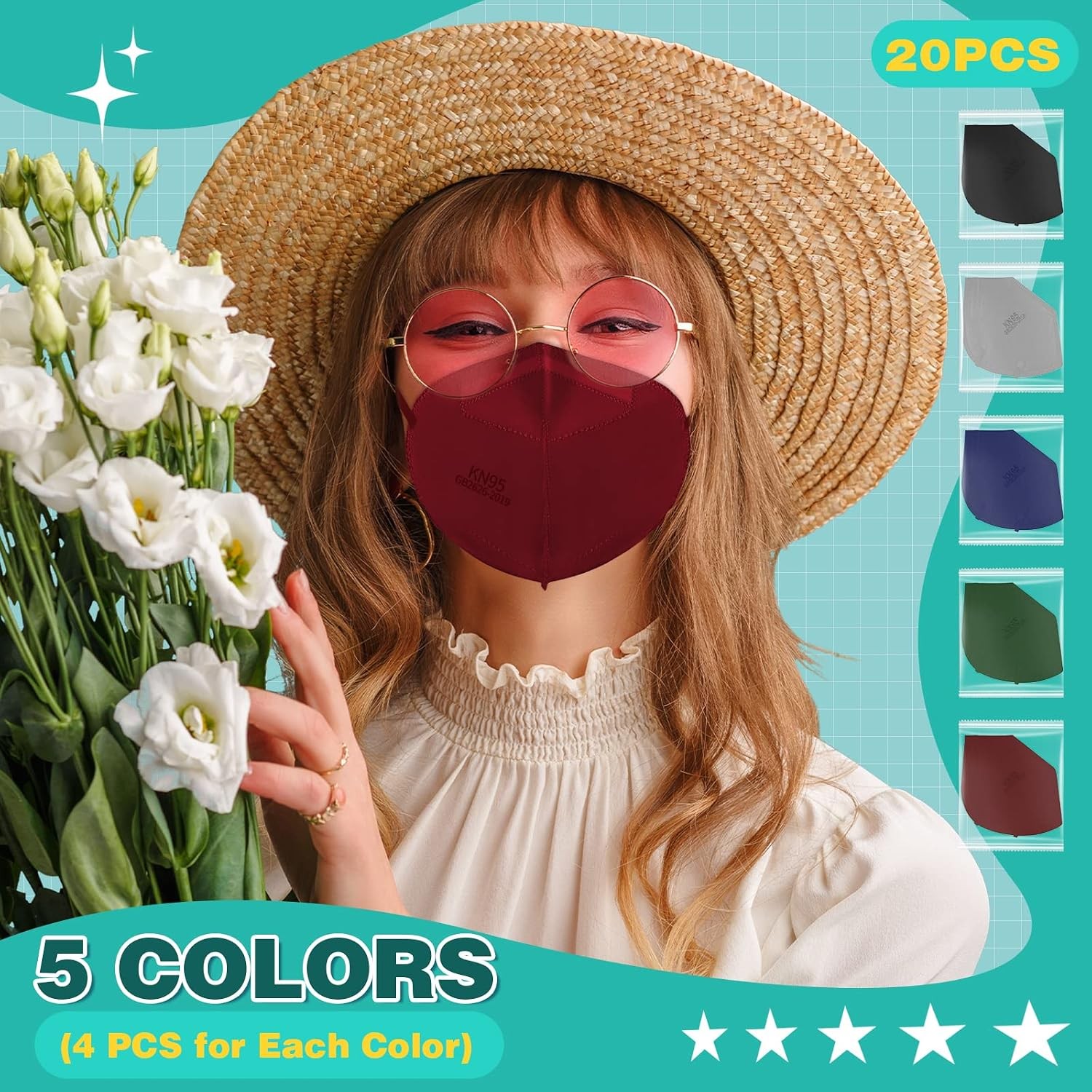 XDX KN95 Face Masks, Individually Wrapped Multicolor Face Masks for Men and Wome