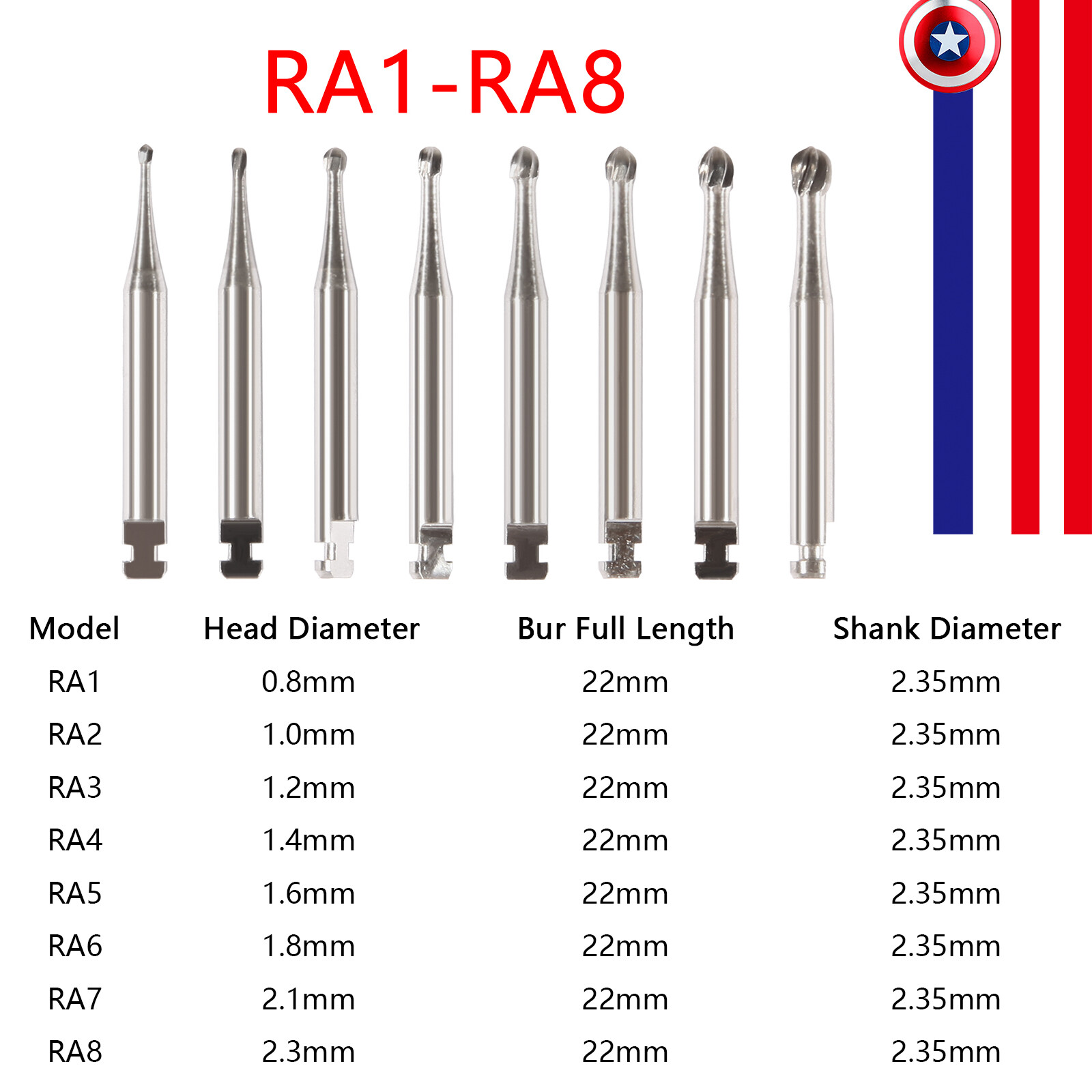 5 Pcs/Pack Dental RA Round Carbide Bur For Slow Speed Latch Type RA 1#- RA 8#