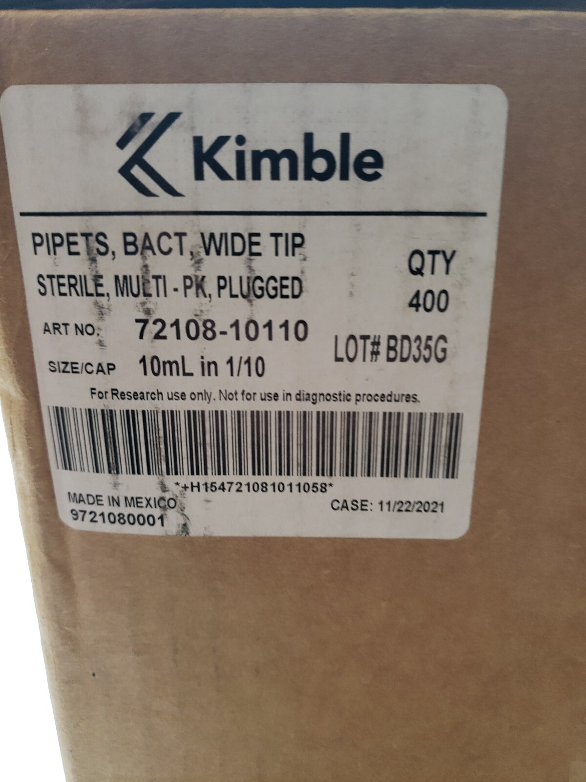 Kimble 72108-10110 Pipets 10ml In 1/10 Qty 400