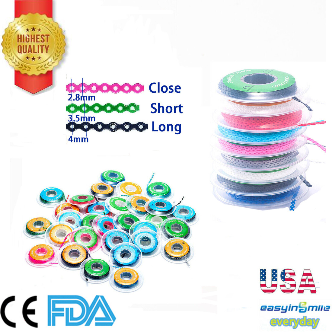 Dental Orthodontic Power Chain Elastic Rubber Bands For Braces Long/Short /Close