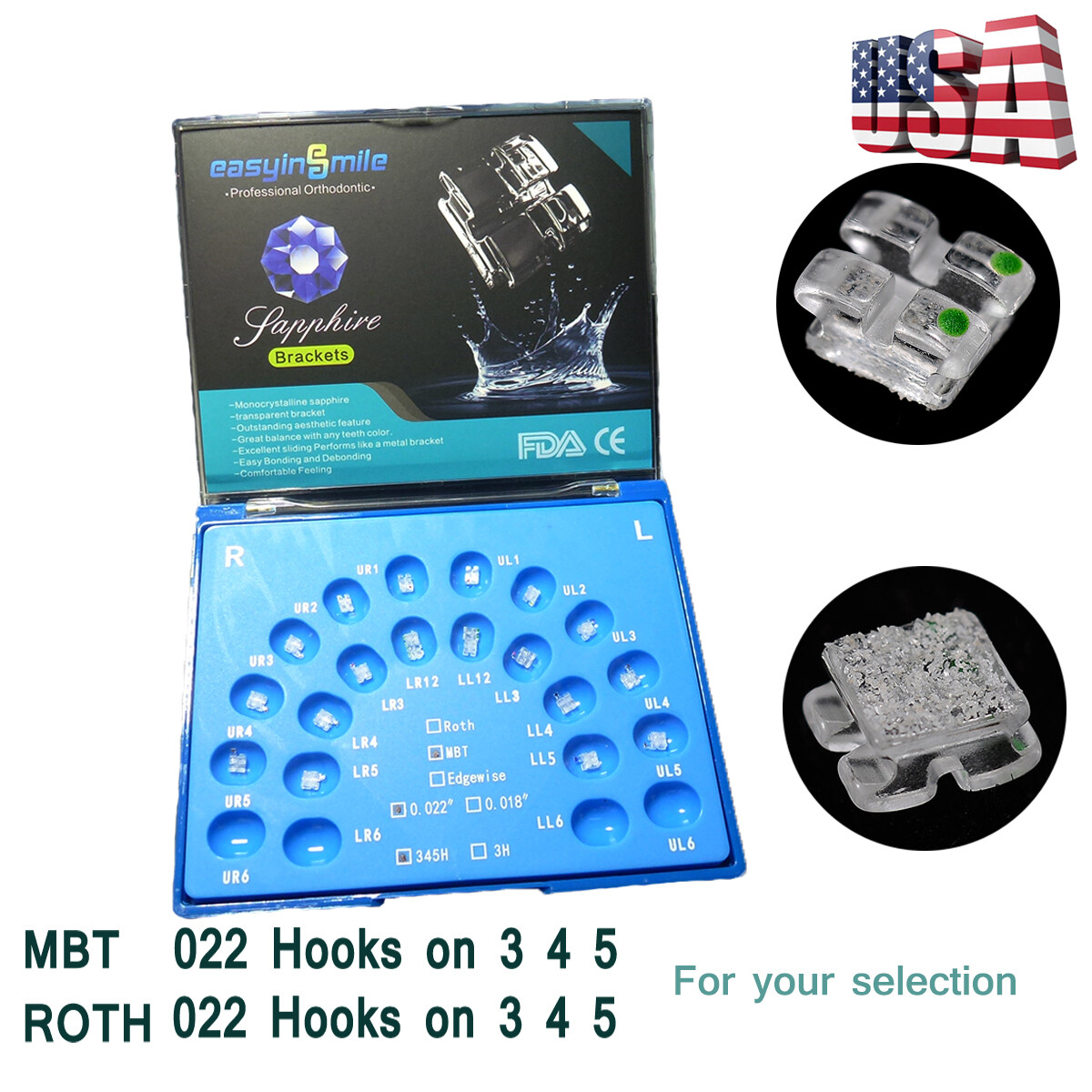 Orthodontic Self Ligating Brackets Ceramic Sapphire brace RothMBT 022”3/345Hook