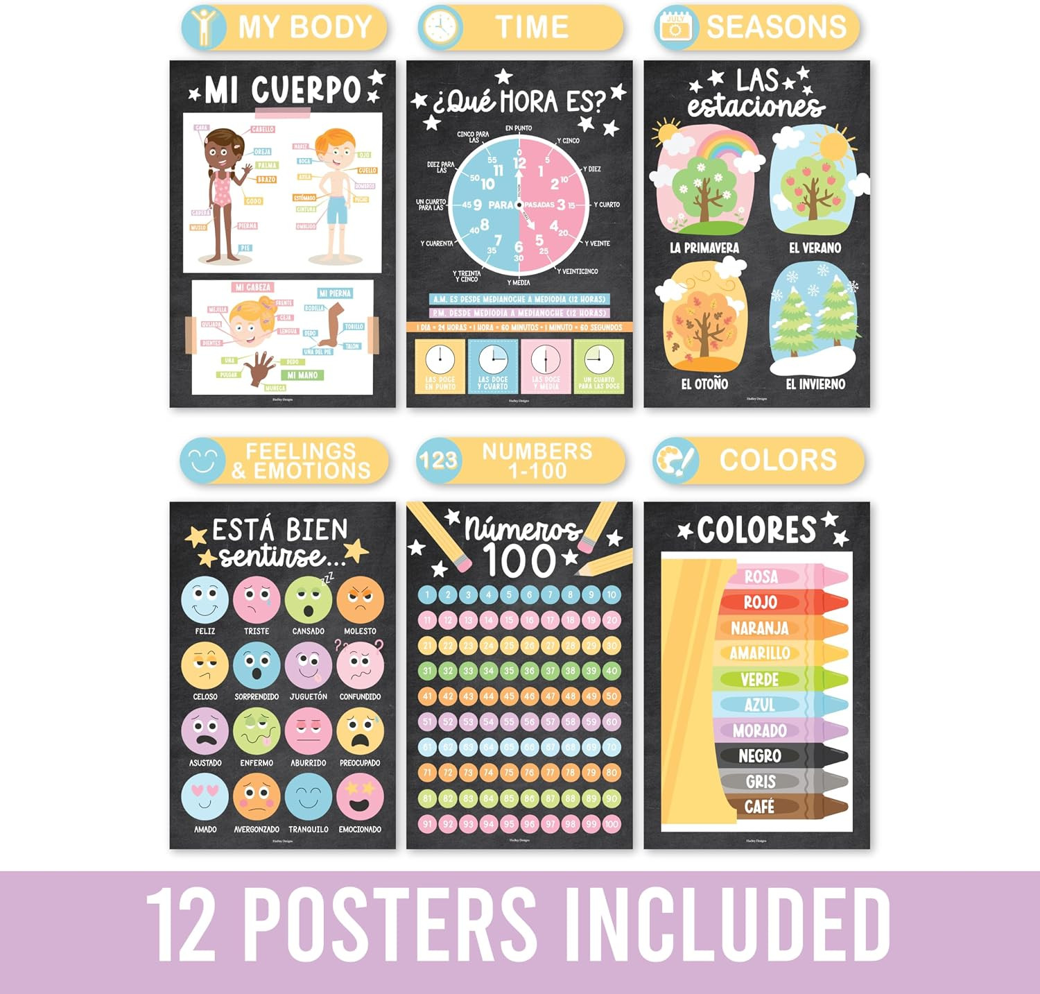 Spanish Posters for Classroom -12 Bilingual Educational Posters for Spanish Clas