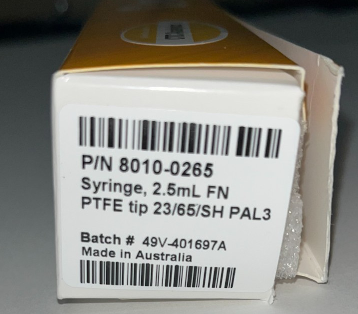 New Agilent 2.5 mL Autosampler Syringe 8010-0265 PTFE PAL3 23 G 65 mm Lot 2