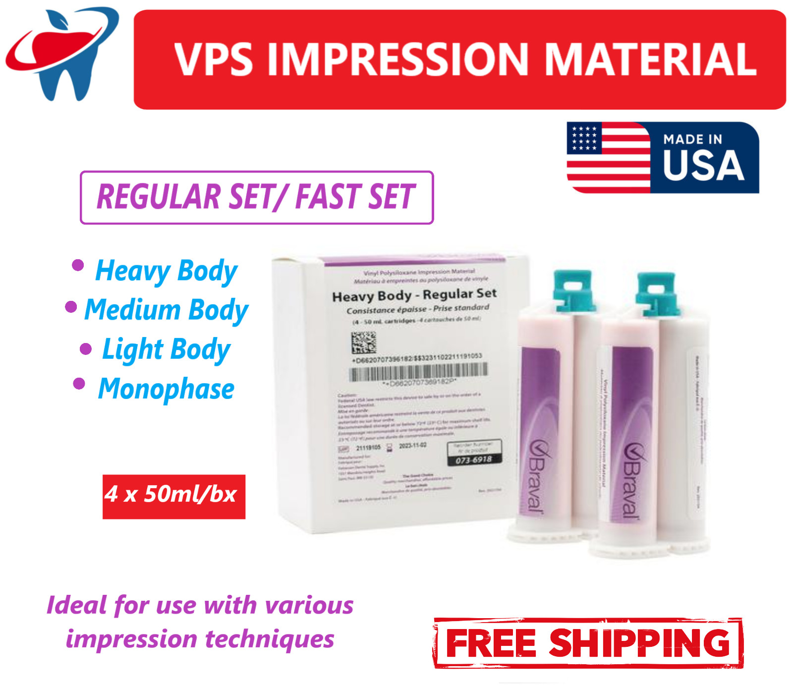 AMGoods LIGHT BODY VPS PVS Dental Impression Material REGULAR Set 50ML Cartridge