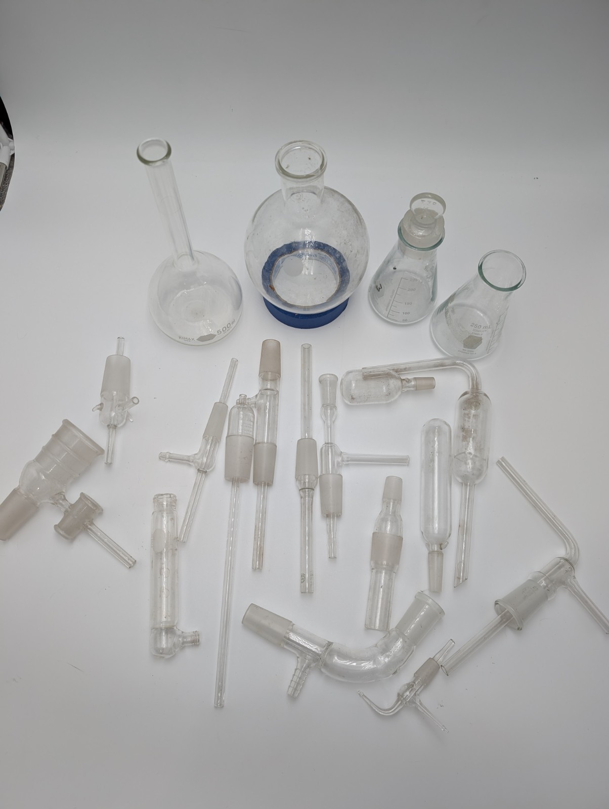 Lot of Vintage Laboratory Glassware 21pcs (Pyrex) (Kimax) Connectors + More