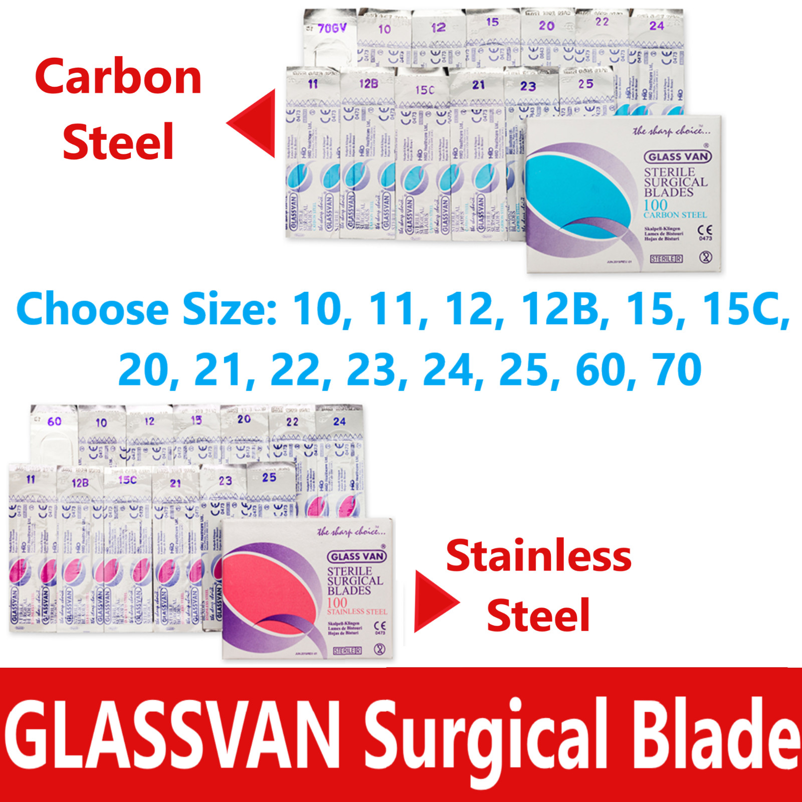 GLASSVAN Sterile Surgical Blades #10 11 12/12B 15/15C 21 22 24 25 60 70, 10/Pk