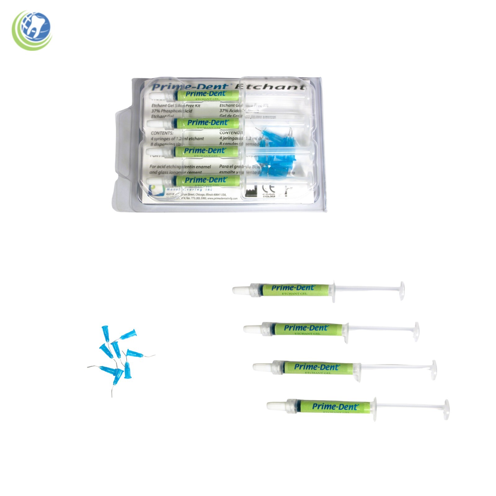 Dental Acid Etching Gel 37% Phosphoric 4 x 1.2ml Syringes Silica Free Blue Prime