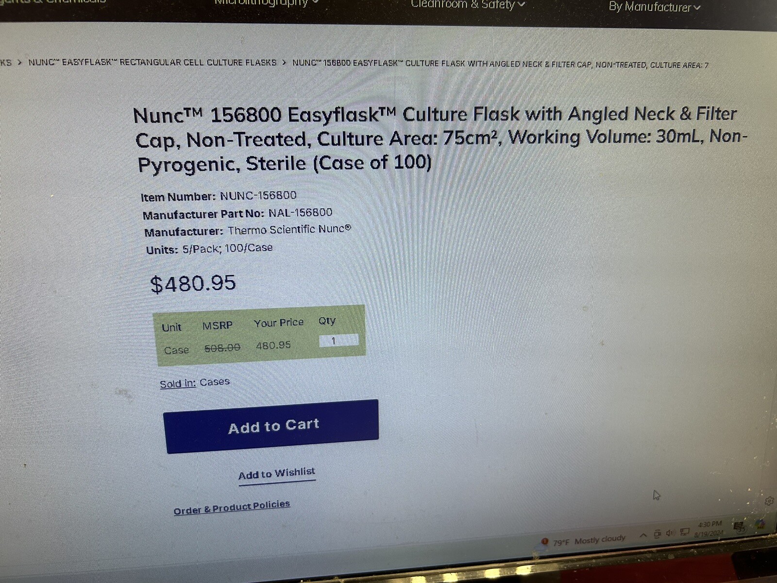 Nunc 156800 Easyflask Culture Flask with Angled Neck & Filter 260ML