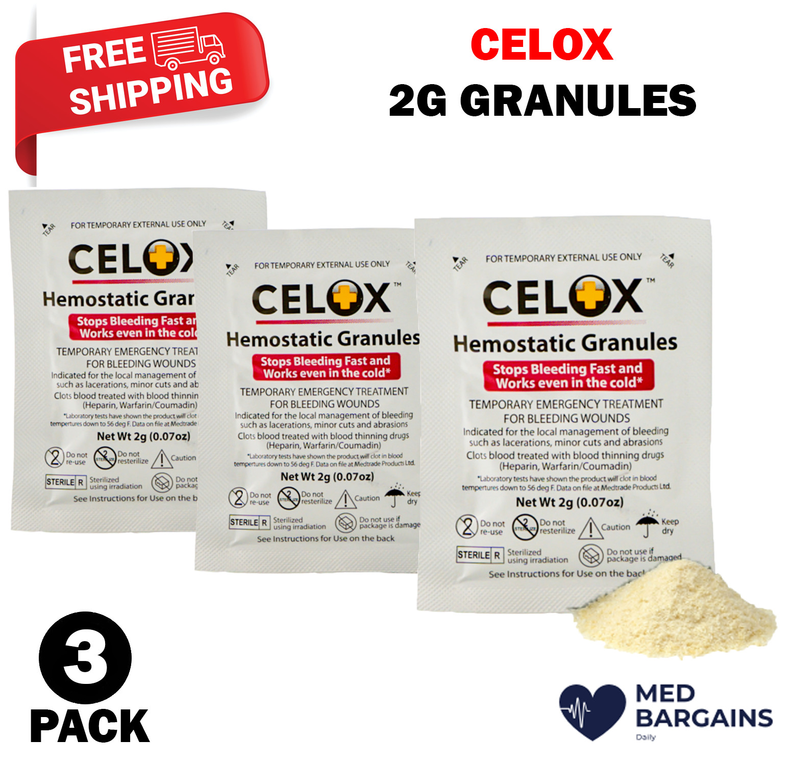CELOX Granular Hemostat Blood-Clotting Crystals – 3 Count