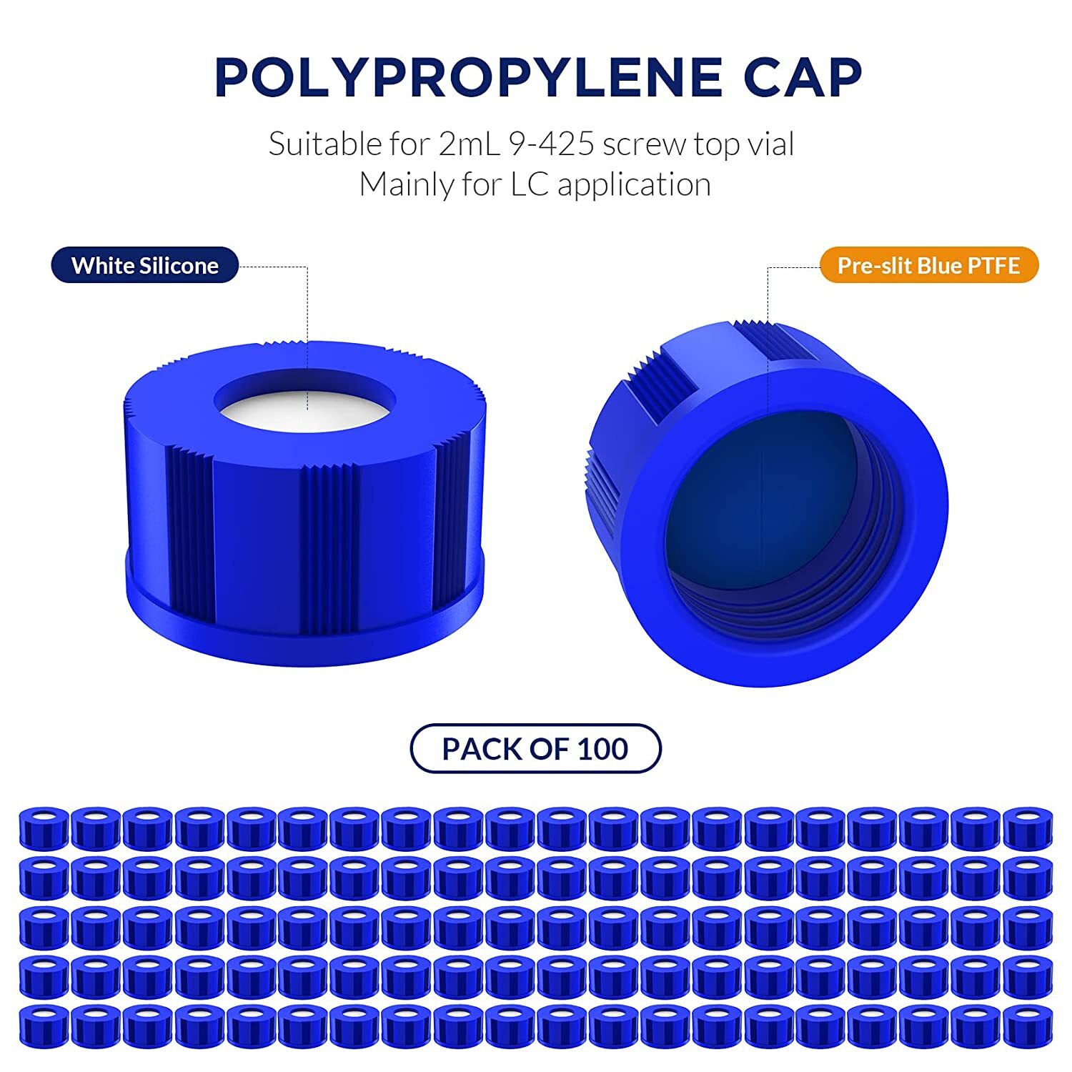1000pcs 9mm Thread Capa Blue PTFE&White Silicone Pre-Slit for 9-425 2ml GC Vials