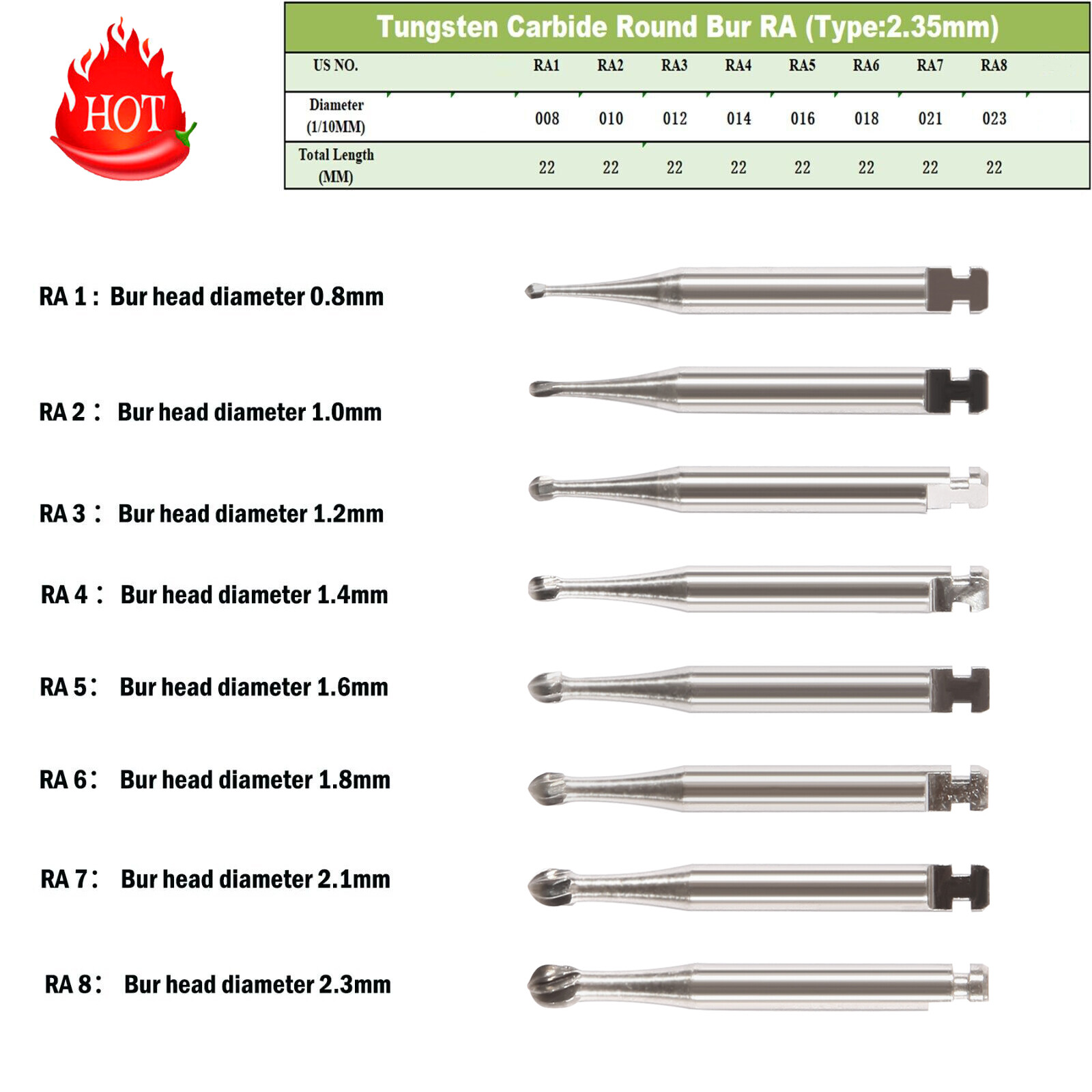 5pcs Dental Round Carbide Bur for Slow Speed Latch Type RA 1# -RA 8#