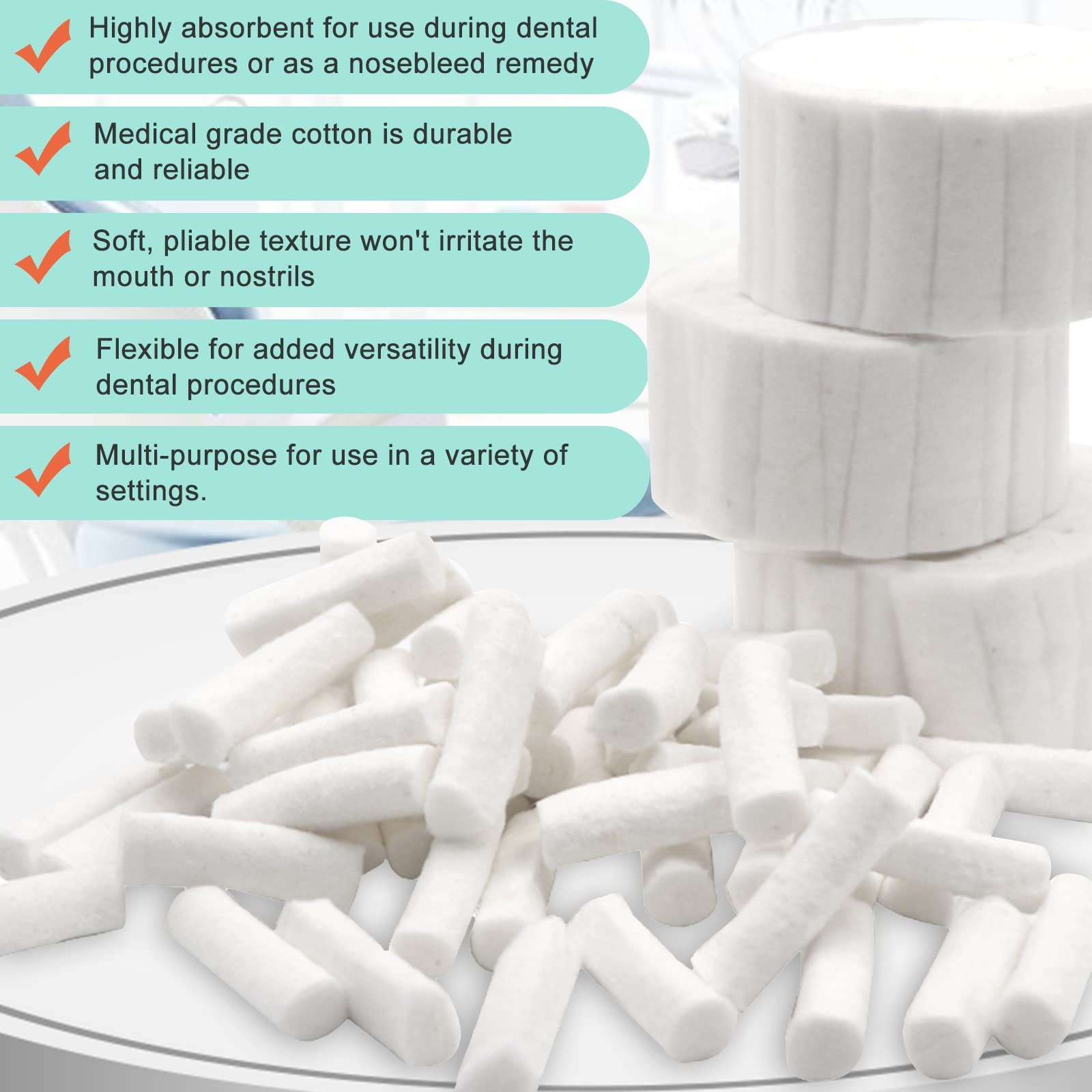 200 Count 1.5 Inch Dental Cotton Rolls, Non-Sterile 100% x 0.4