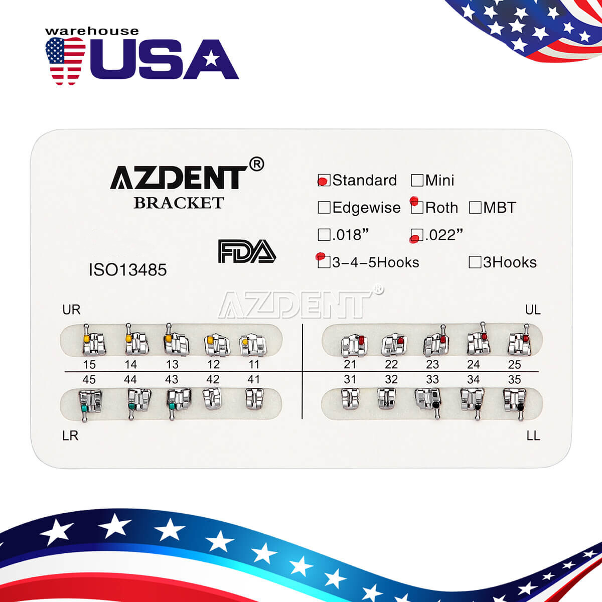 US AZDENT Dental Orthodontic Brackets Braces Standard Roth .022 Hooks 3-4-5