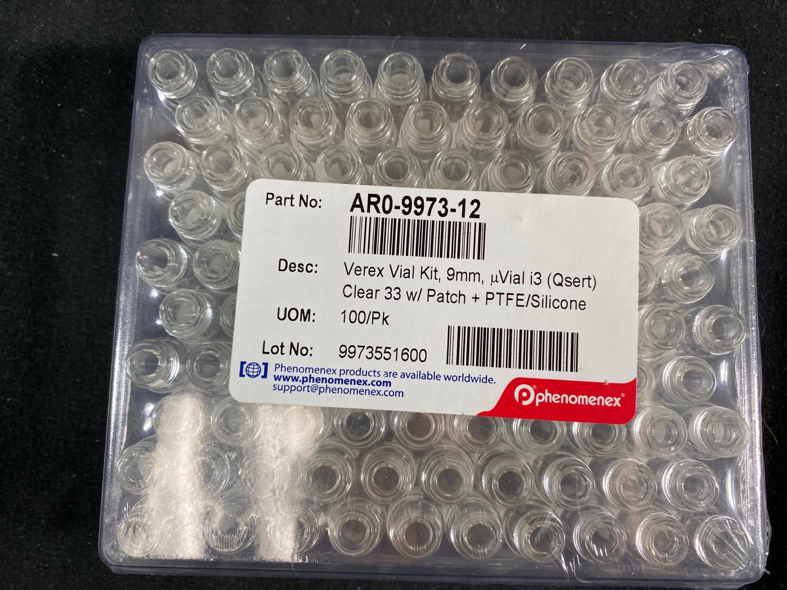PHENOMENEX Verex Vial Kit 9mm uVial i3 Qsert Patch PTFE/Silicone (100/cs)