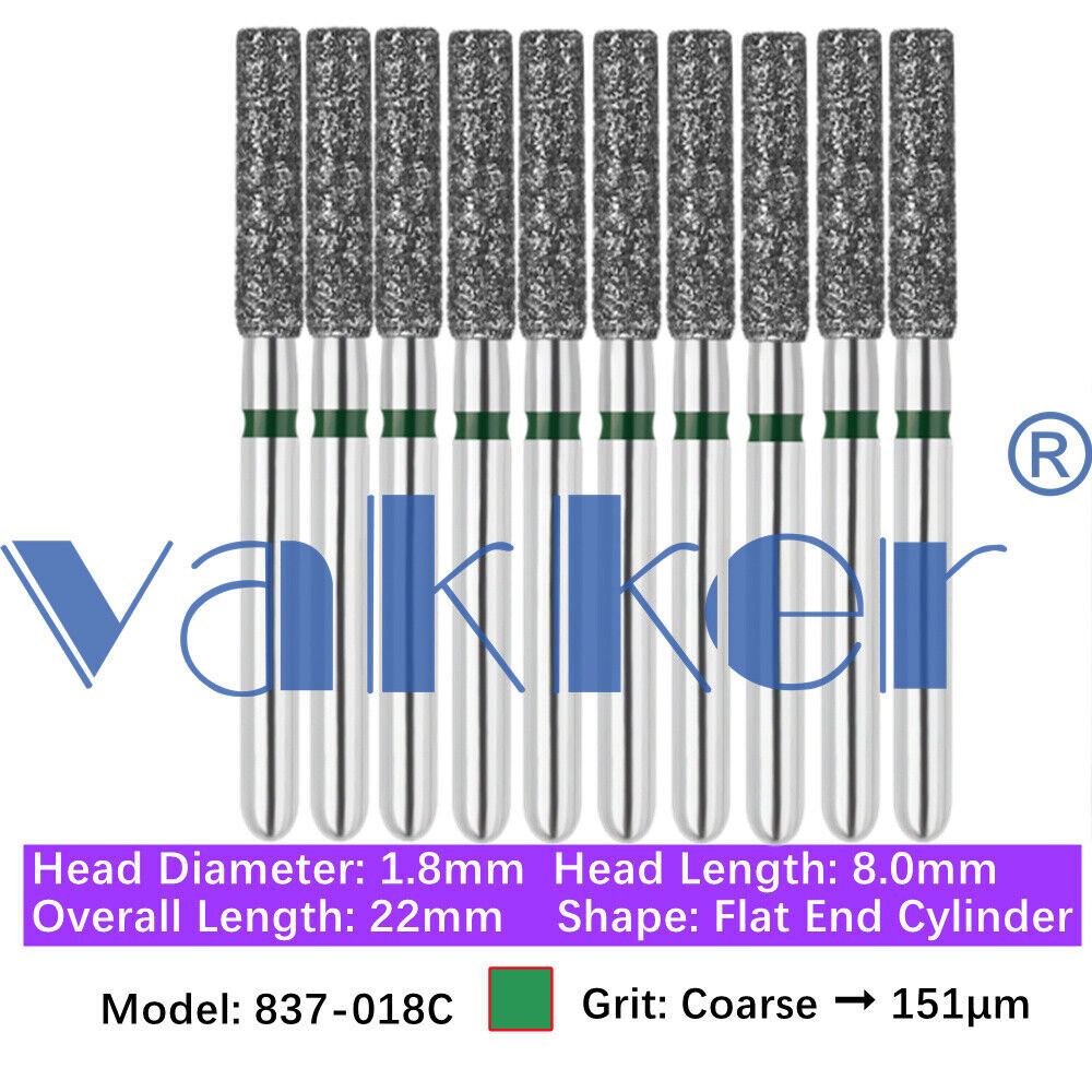 Vakker 10pc Dental Diamond Burs Shape Flat & Round End Modified Cylinder Bur