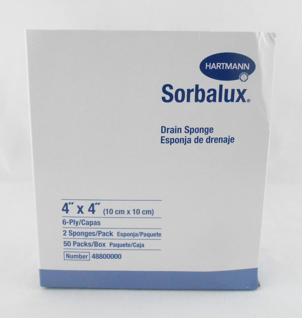 Hartmann Sorbalux Drain Sponge 50 Pack 6 Ply Sterile 4 x 4 Sponges 48800000