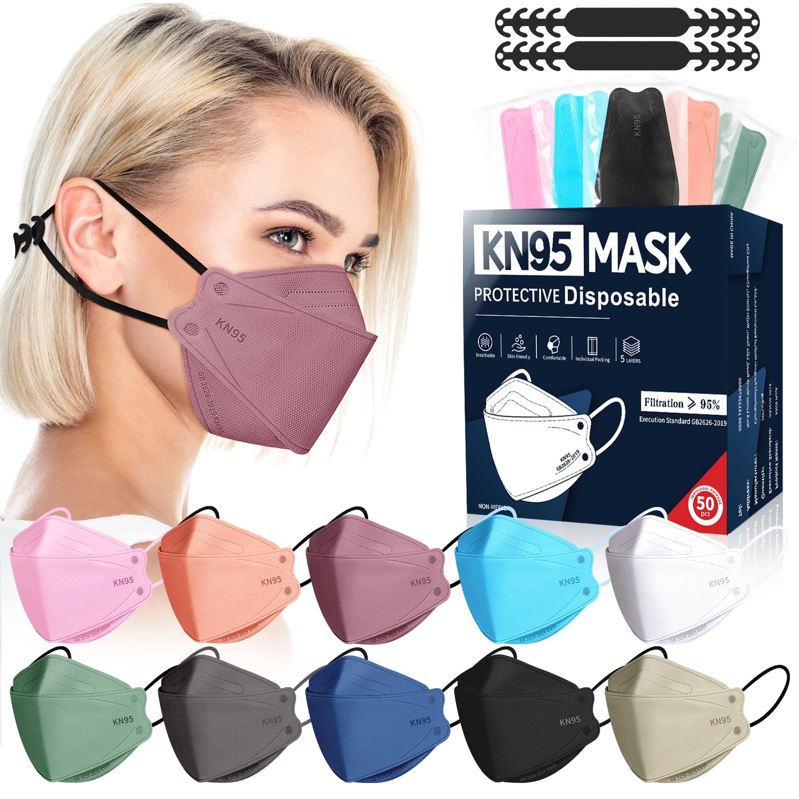 KN95 Face Masks for Adults, 50 Pack, 5~Layer Disposable Respirators
