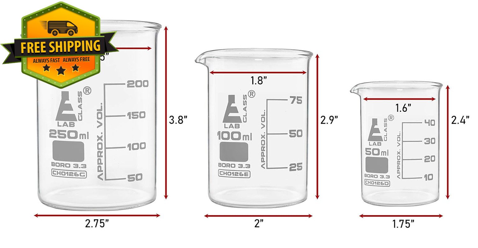 3 Piece Glass Beaker Set 50mL 100mL 250mL Borosilicate Lab Classroom Use