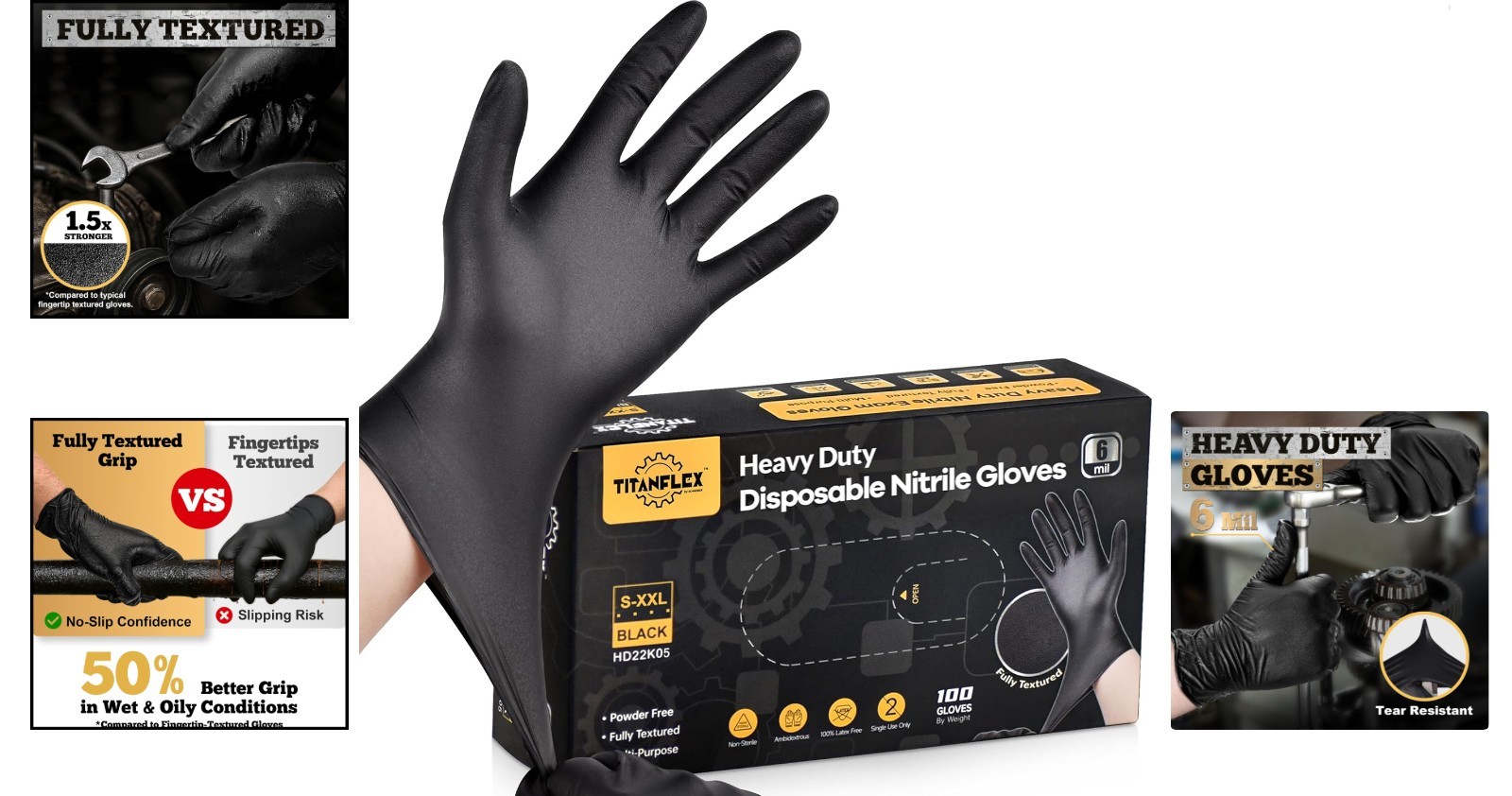 First Glove Black Industrial Disposable Nitrile Gloves 6 Mil Latex & Powder Free