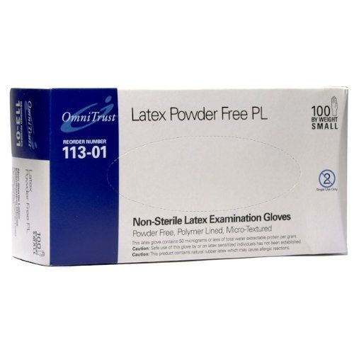OmniTrust Latex PL Exam Gloves – Small 100/bx. Powder-Free, Polymer coated