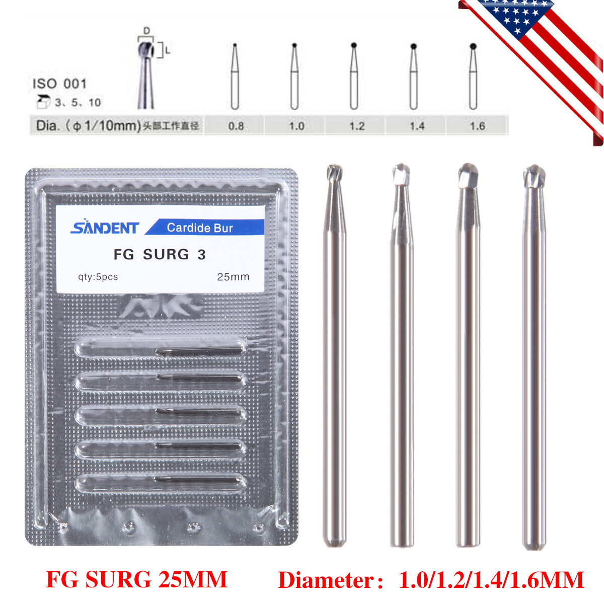 1-20 X Dental Surgical Length Bur Round Tungsten Carbide 25mm FG SURG FGOS