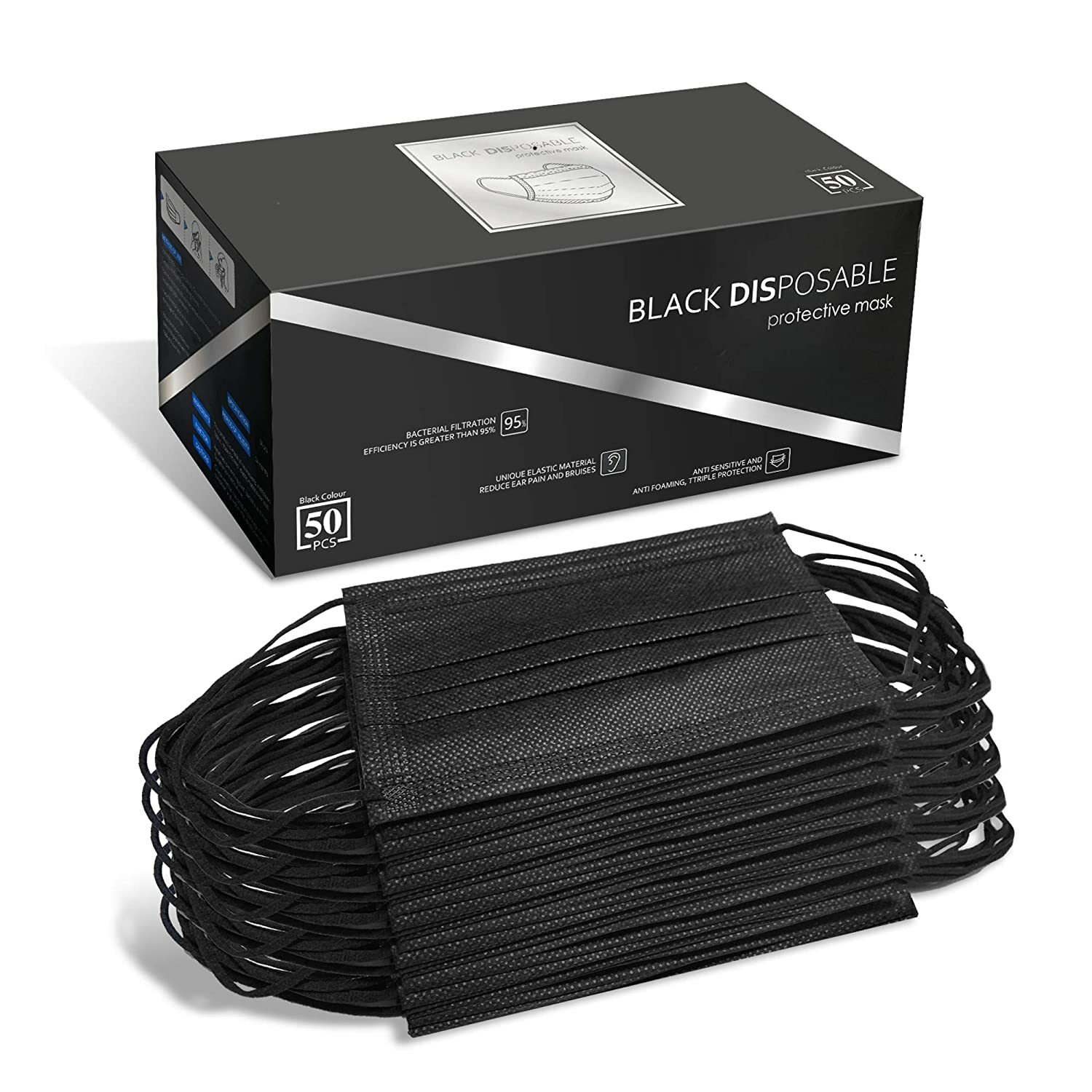 50 PCS Black Face Mask Mouth & Nose Protector Respirator Disposable Masks Black