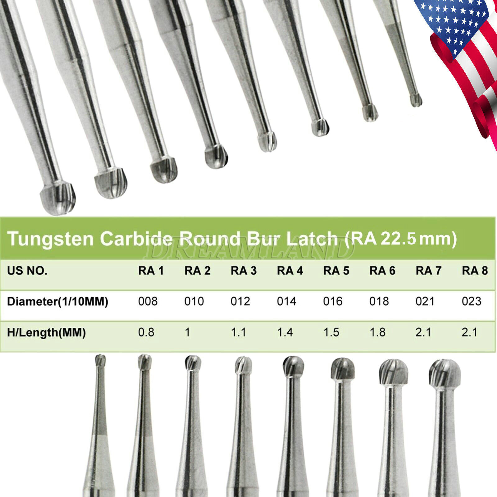 5 Pcs/Pack Dental RA Round Carbide Bur For Slow Speed Latch Type RA 1#-8# Choose