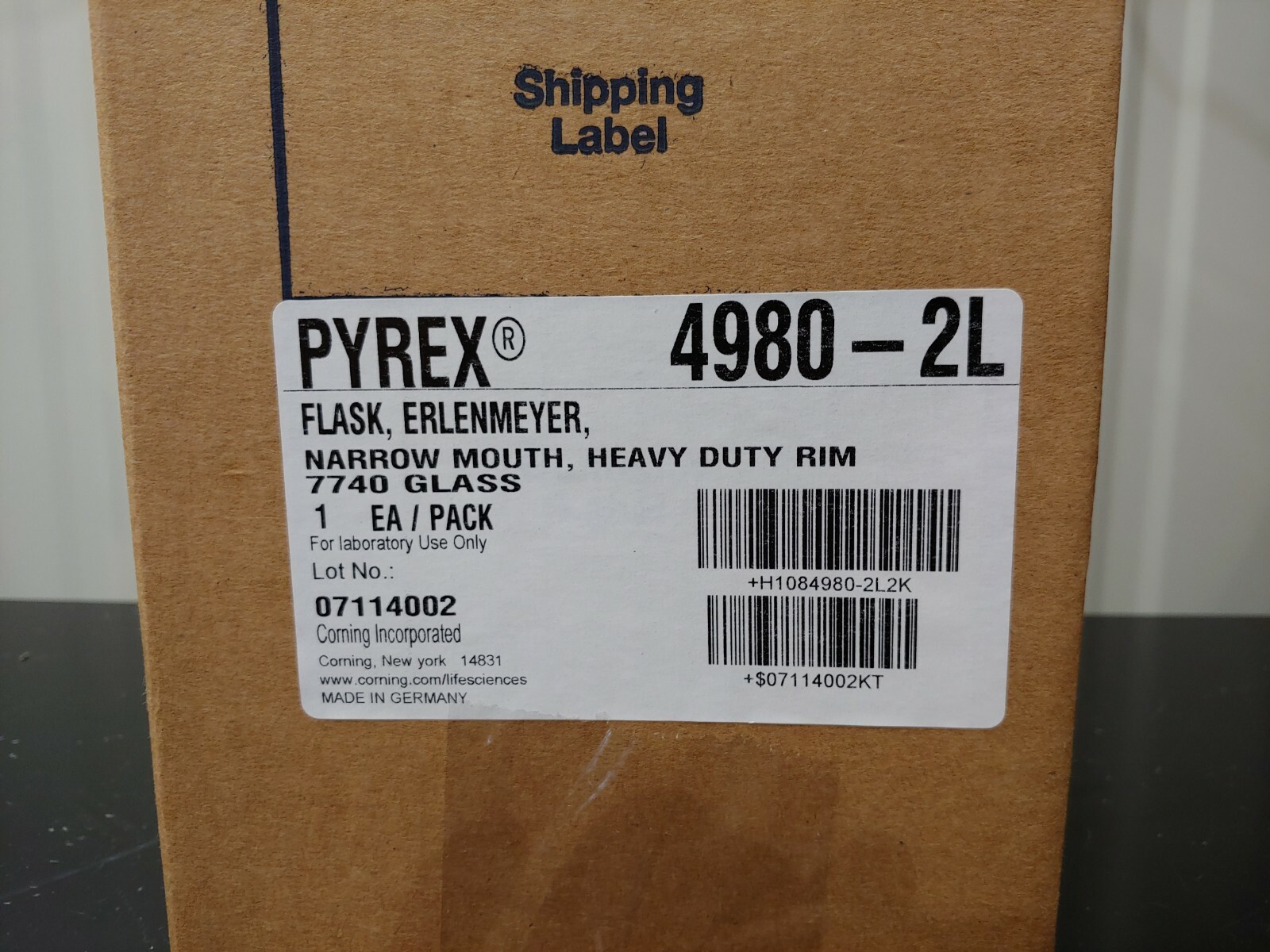 Corning Pyrex 4980-2L 2L Erlenmeyer Flask Narrow Mouth Heavy Rim Graduated