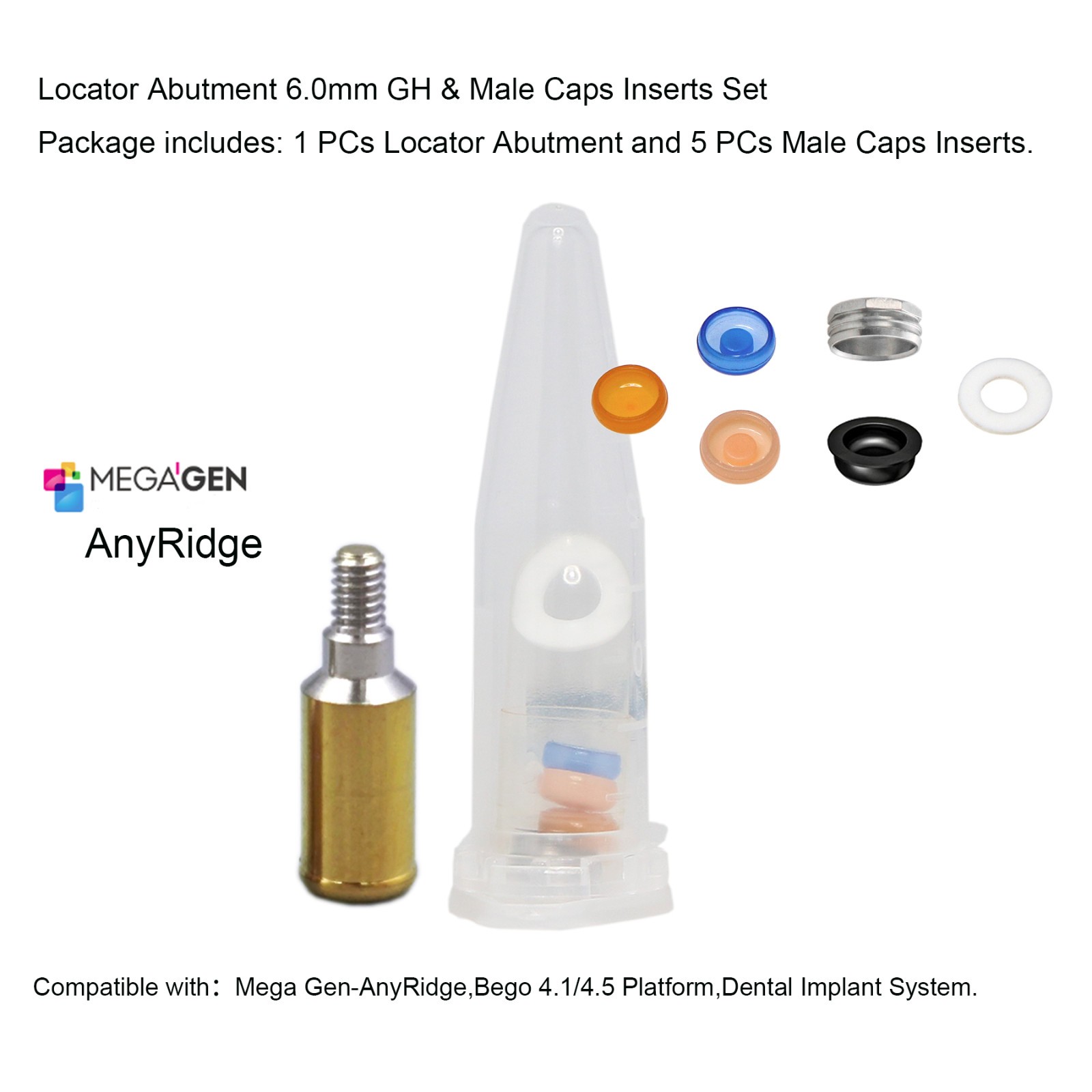 Dental Overdenture Locator Abutment 1-6.0mm GH for MegaGen-AnyRidge Platform