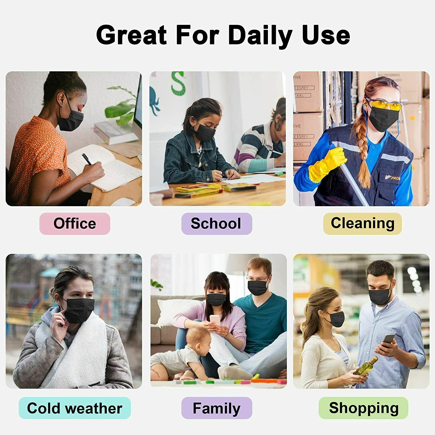 50 PCS Black Face Mask Mouth & Nose Protector Respirator Disposable Masks Black