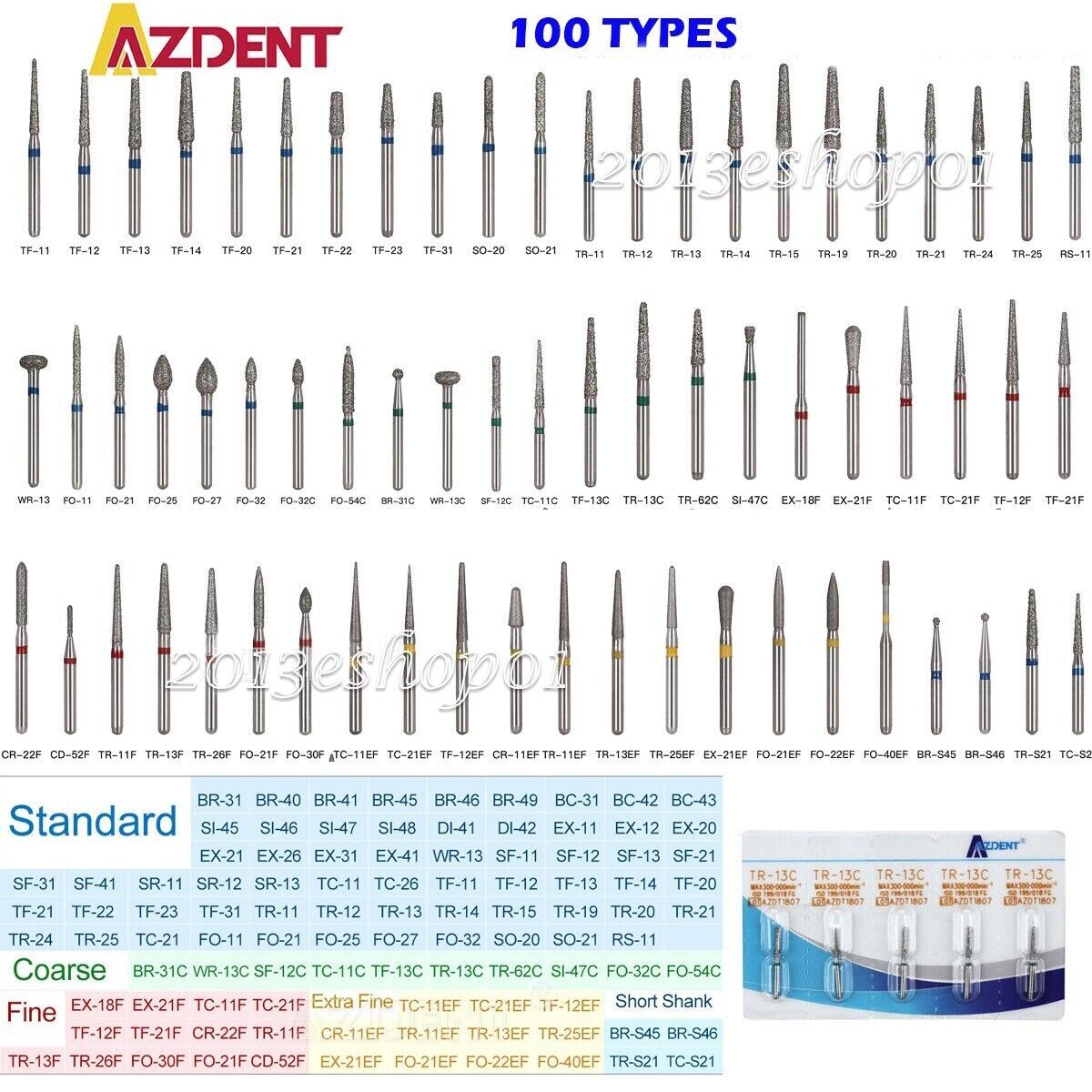 AZDENT Dental Diamond Burs Drill FG For High Speed Handpiece 100 Types 5pc/set