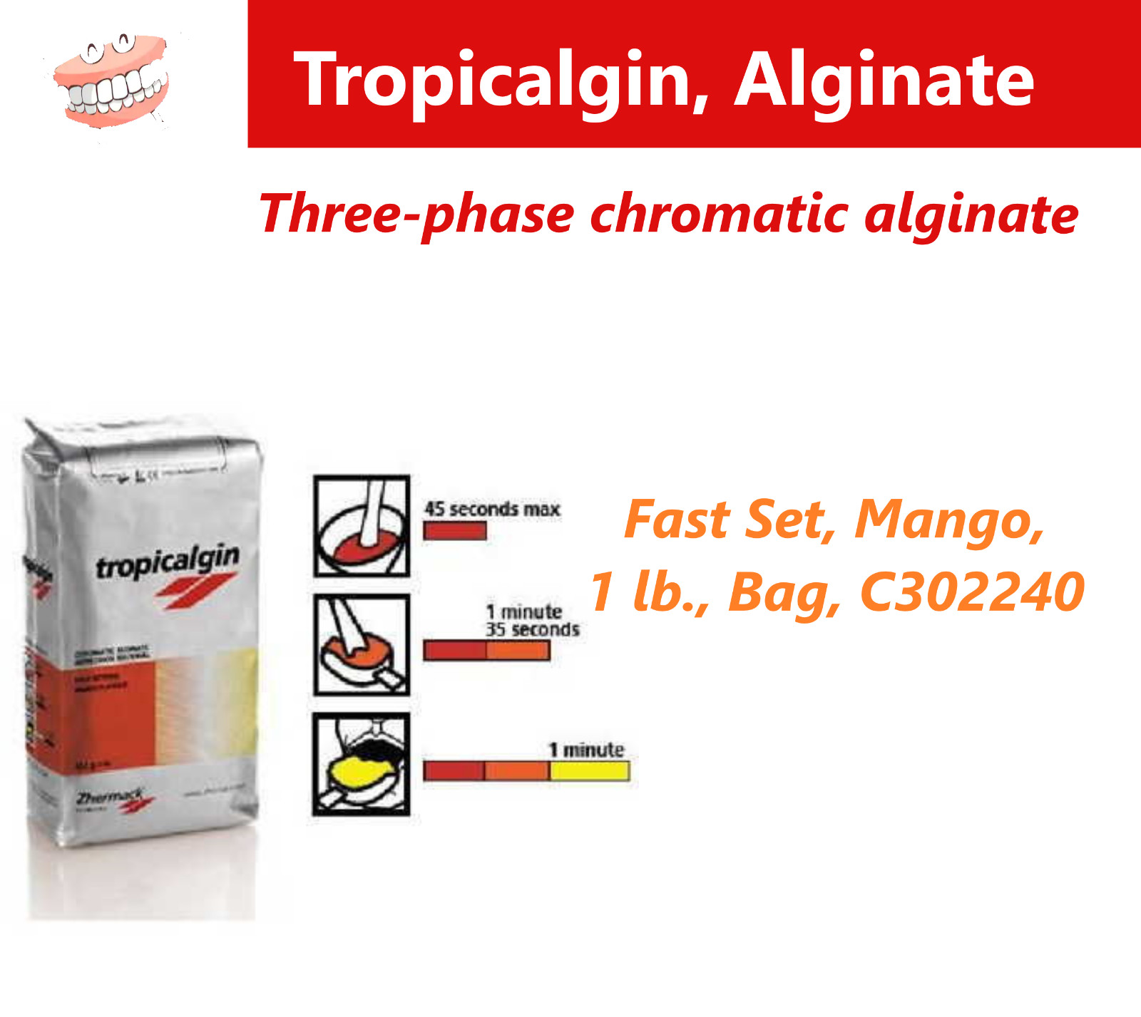 Dental Tropicalgin Impression Alginate Chromatic X-Fast Set, Mango, 1Lb Zhermack