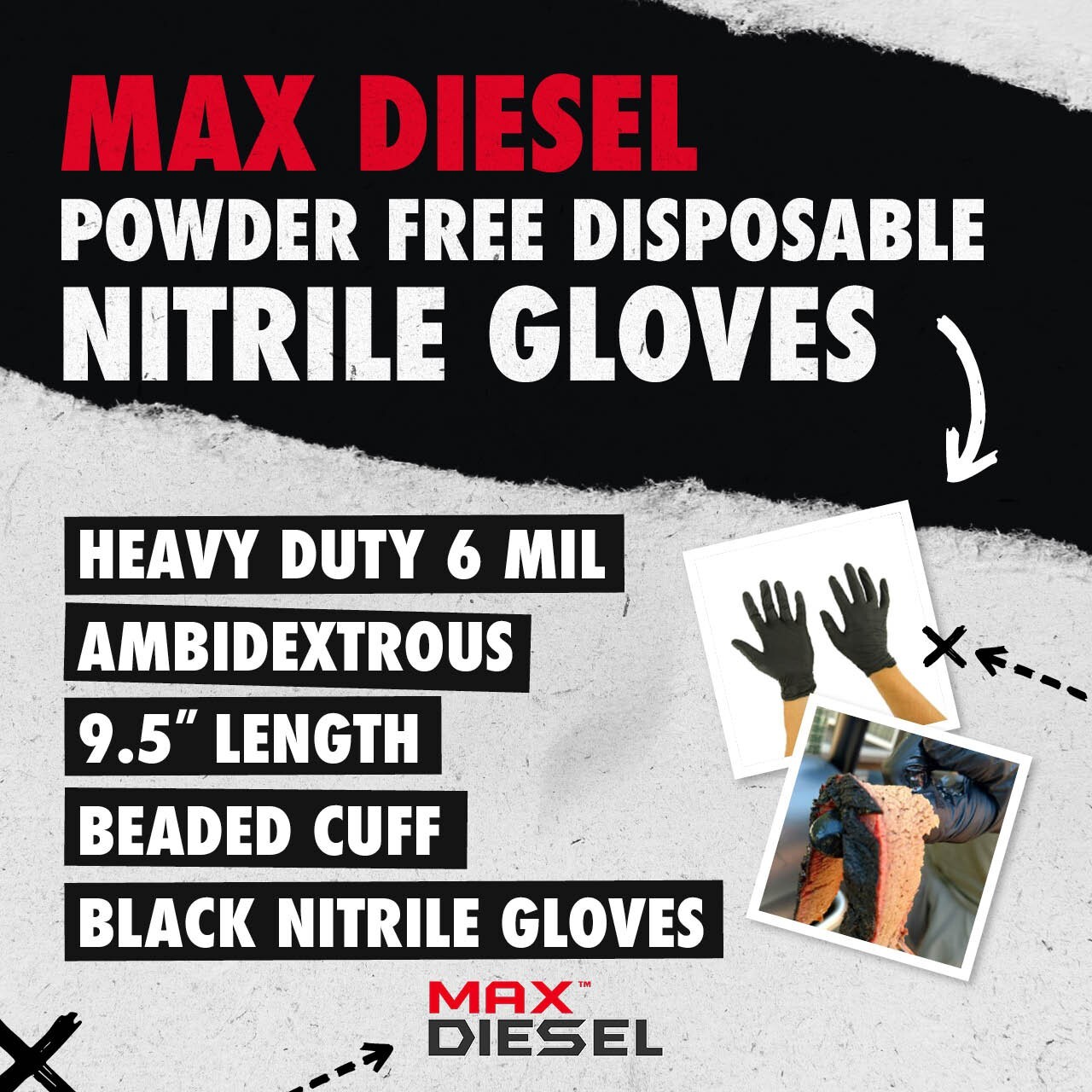 The Max Diesel Black PF Nitrile Gloves, 6 Mil, Sizes M-XXL, Sold by Box or Case