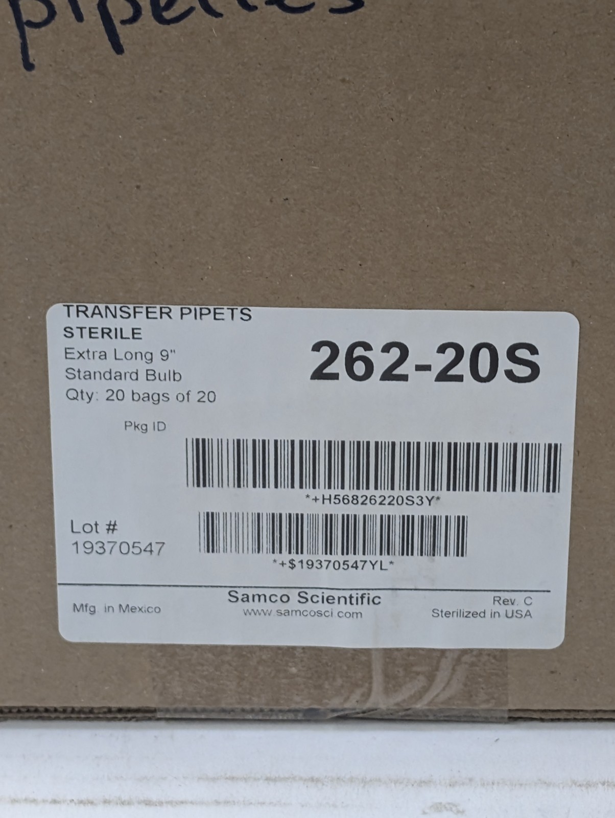 Samco Scientific 262-20S Sterile Transfer Pipets 9″ Extra Long 400/Case New
