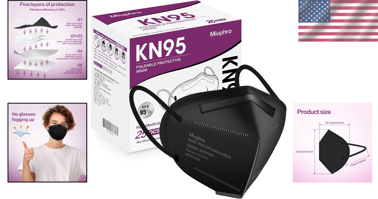N95 Mask Black MADE in USA Particulate Respirator Protective Face Mask (10-Pa…