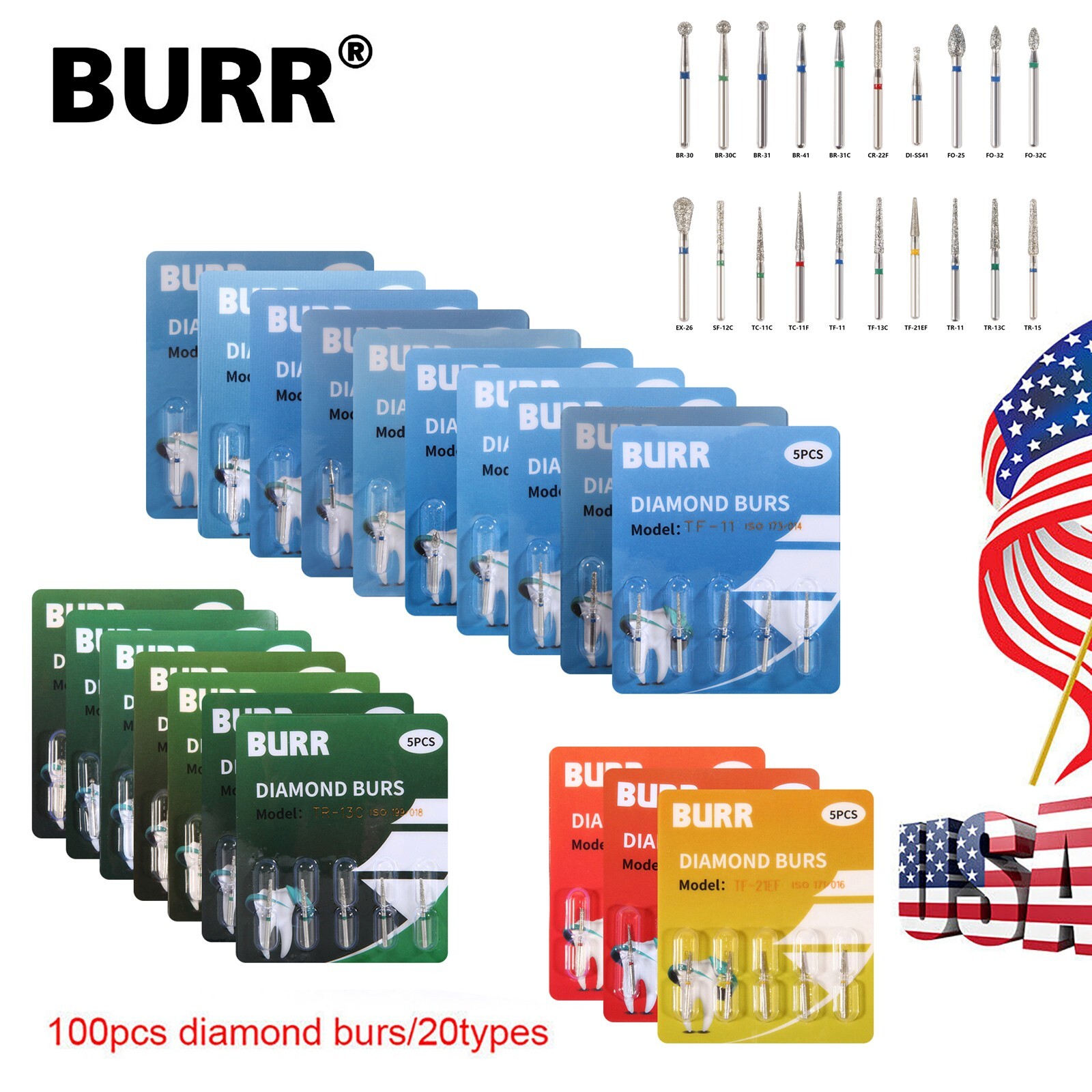 100Pcs Dental Diamond Burs High Speed Handpiece Friction Grip 20 Types