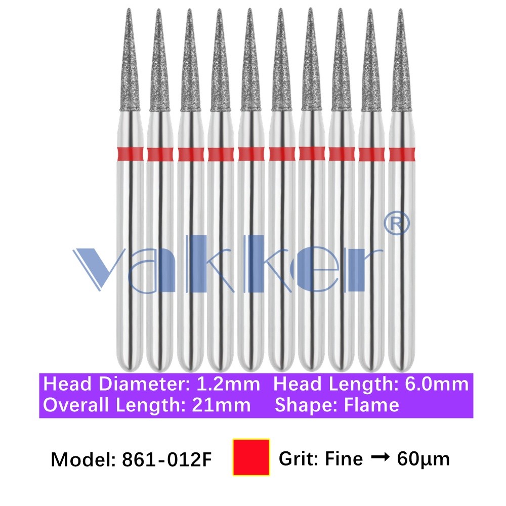 10/Pk Vakker Dental FG Flame Diamond Burs 861-012F Fine Grit Friction Grip