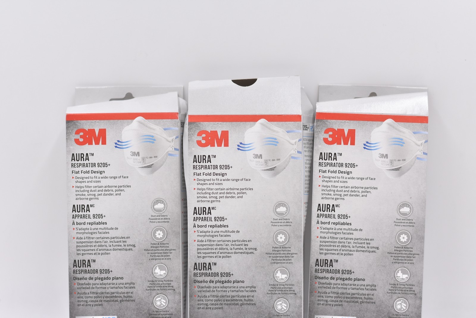 Lot of 3 3M Aura Respirator 9205+ Disposable White Masks – 3 Count