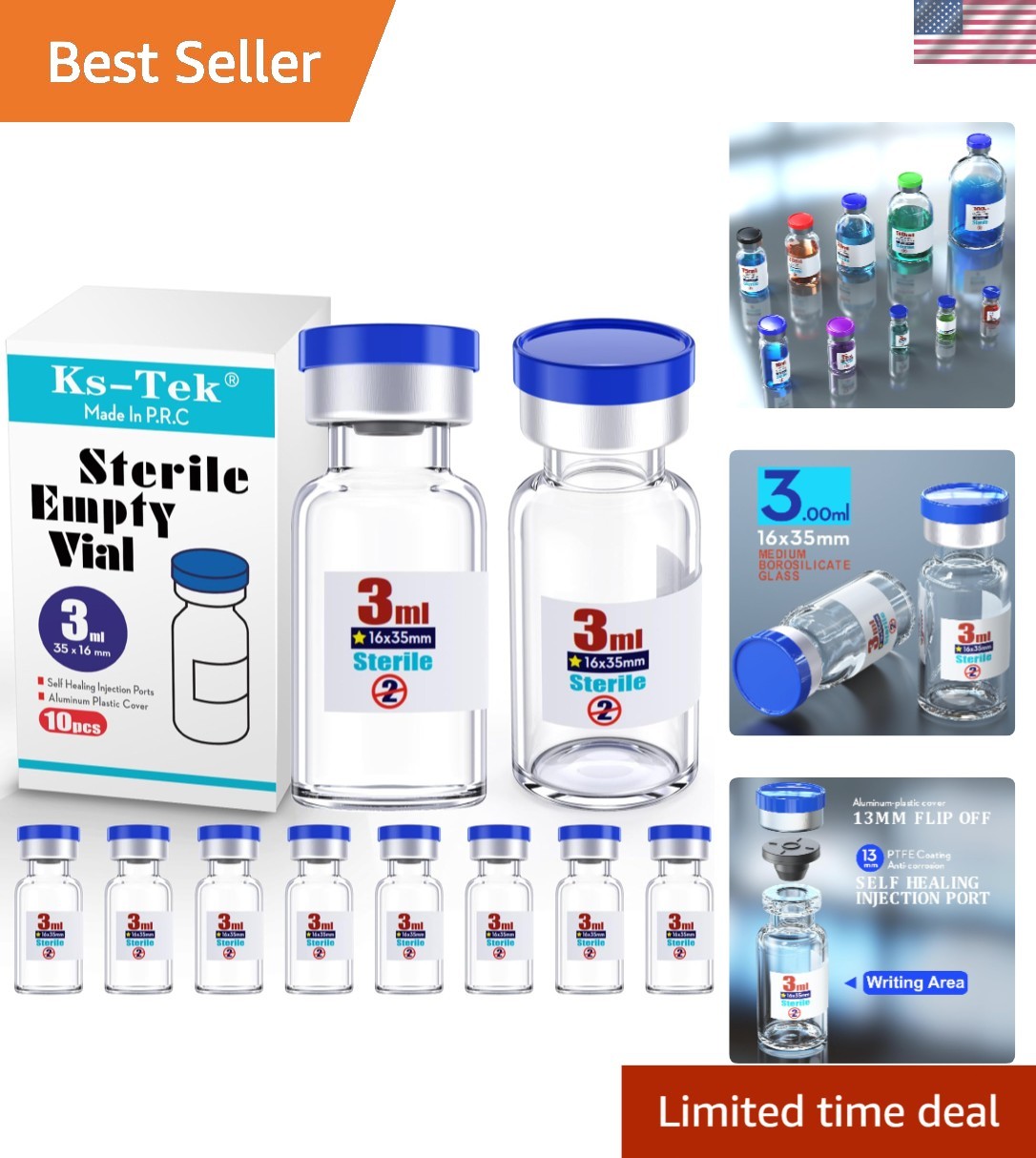 Sterile Glass Vials 3ml with Injection Port Flip Cap 10pcs Medical Vial