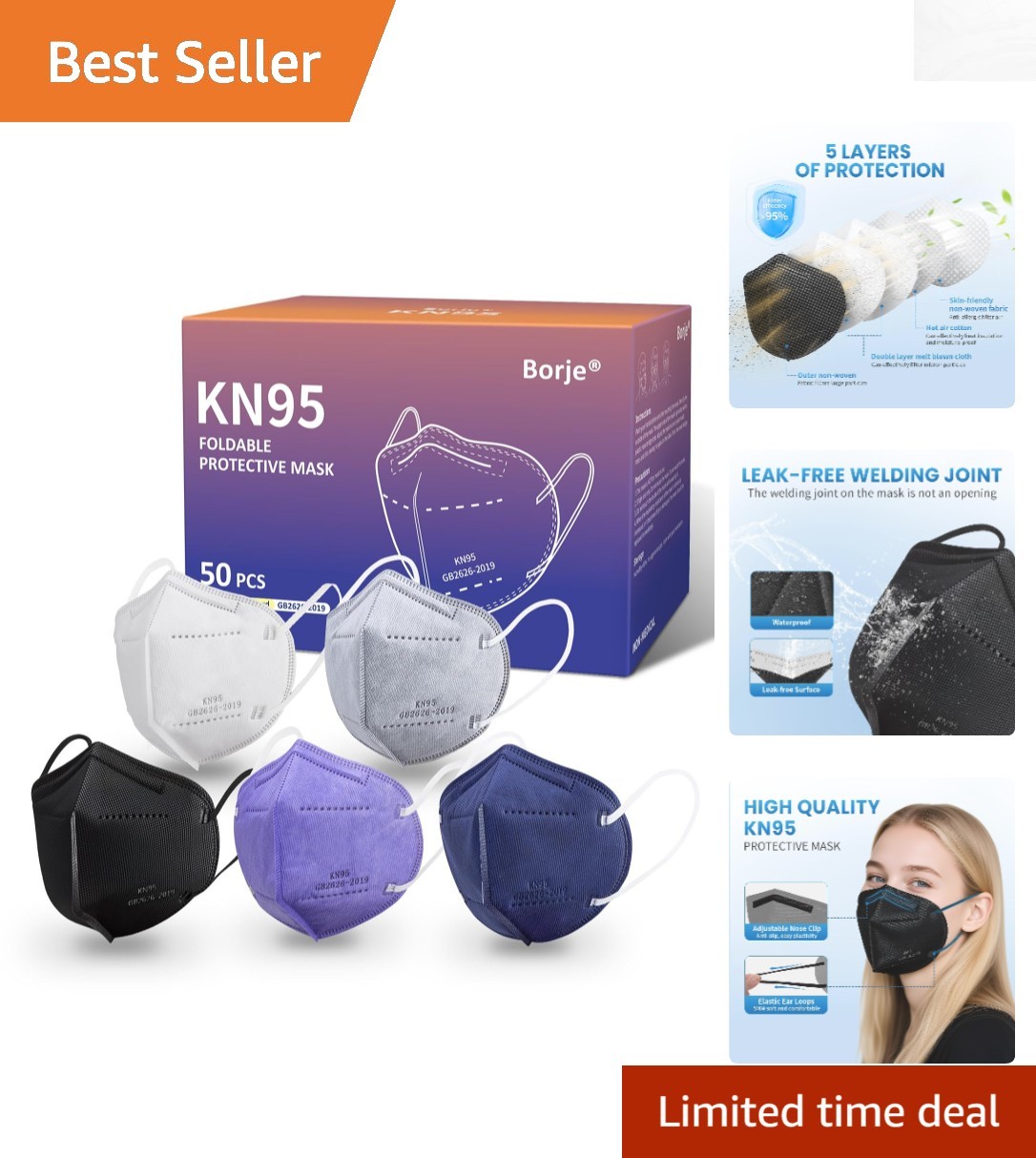 5-Ply KN95 Face Masks for Adults – 50 Disposable Masks, Comfortable & Stylish