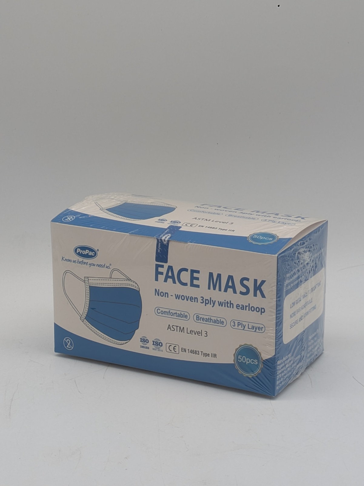 ProPac ASTM Level 3 Face Masks 50 Count 3-Ply Disposable Earloop NEW Sealed