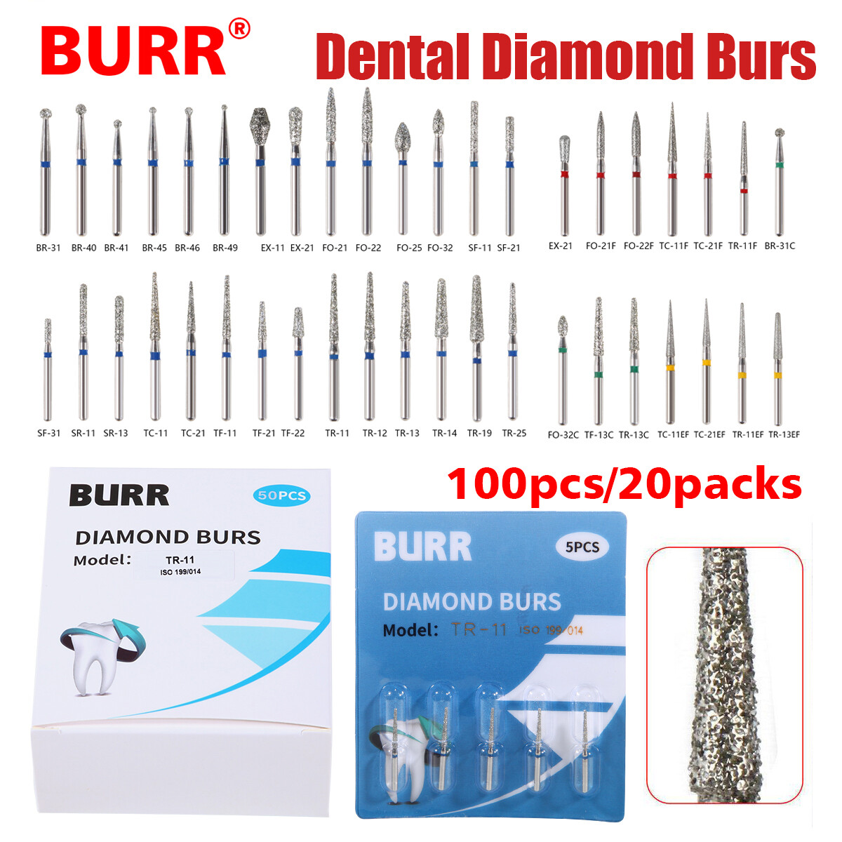 50pcs Dental Diamond Burs FG Round End Taper Pear Football Fine Coarse Grit