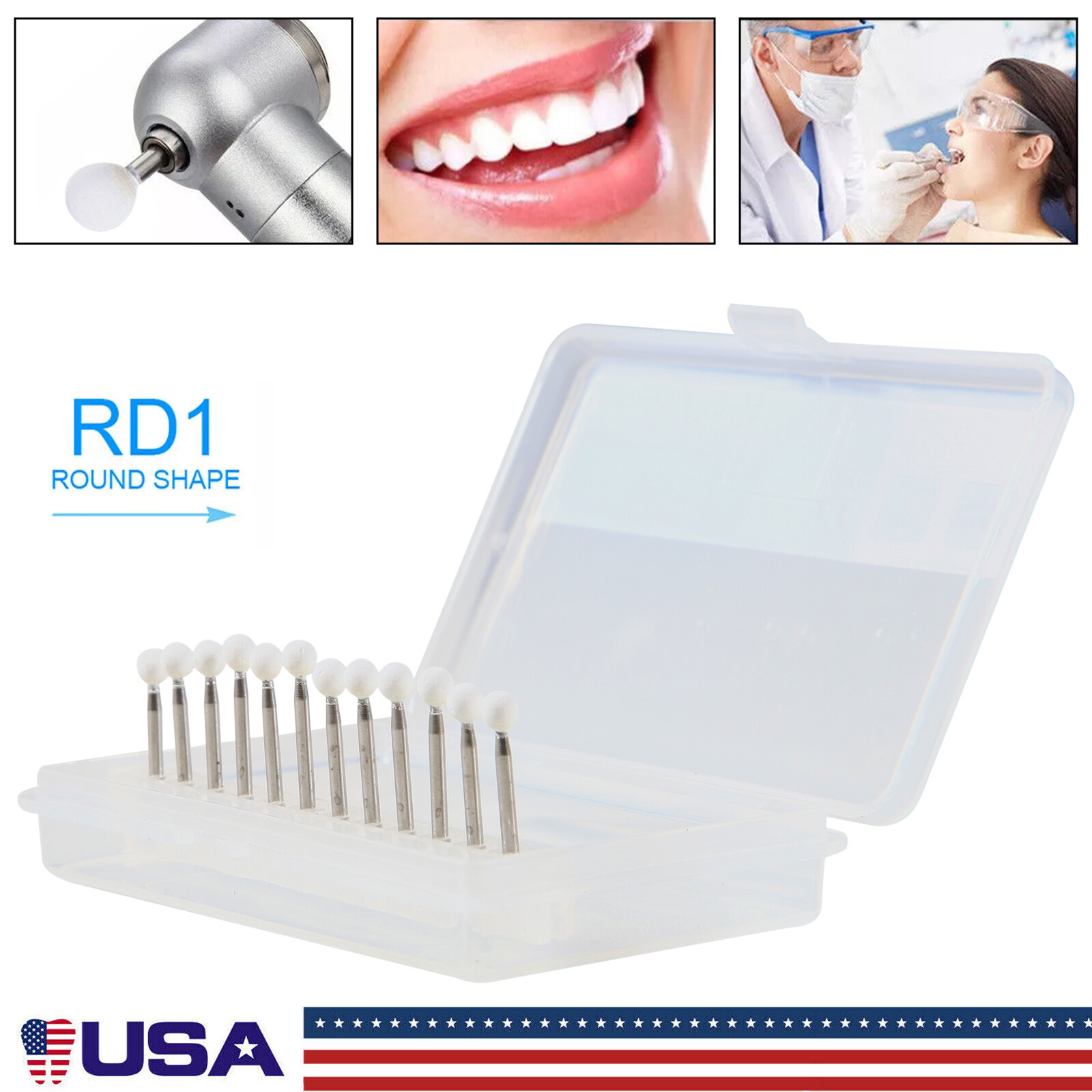 Dental White Stone Round Mounted Polishing Burs- FG 12/pks Abrasion Point Bur MD